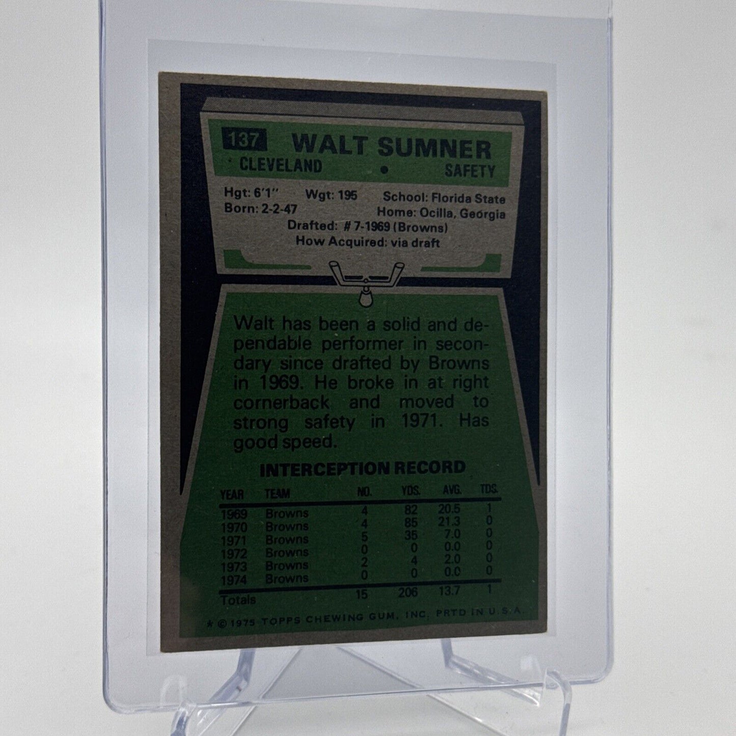 1975 Topps Walt Sumner Football Card #137 NM Quality #5 FREE SHIPPING