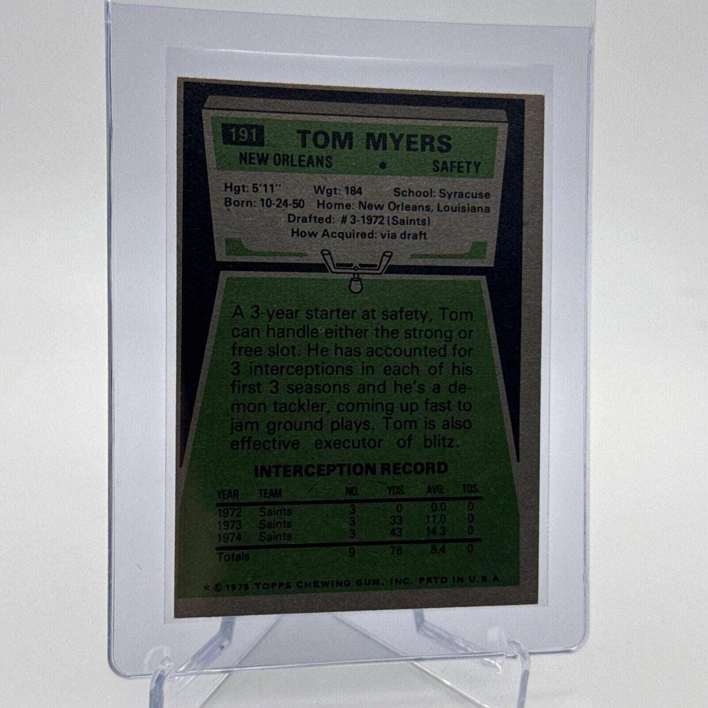 1975 Topps Tom Myers Football Card #191 NM Quality #3 FREE SHIPPING