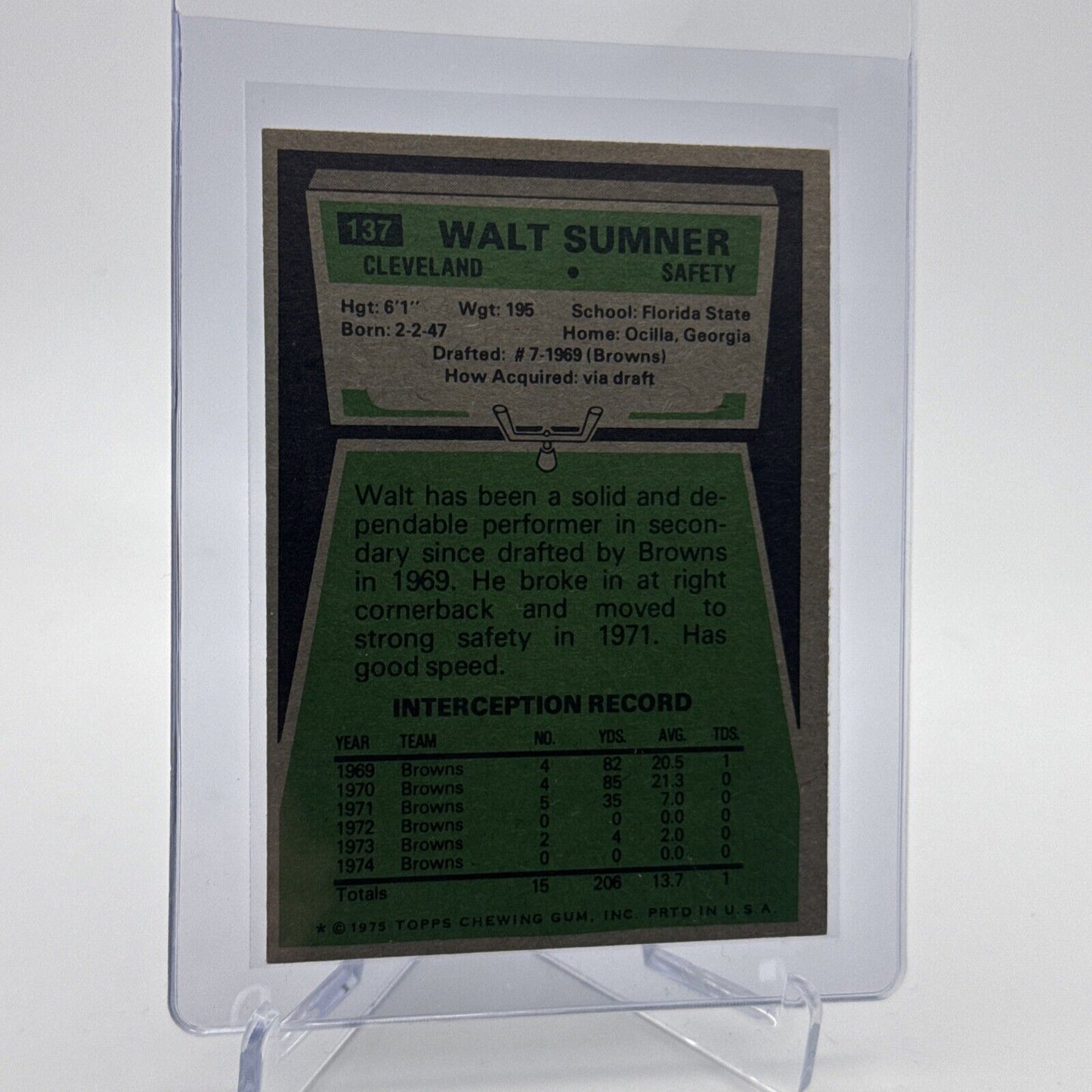 1975 Topps Walt Sumner Football Card #137 NM Quality #3 FREE SHIPPING