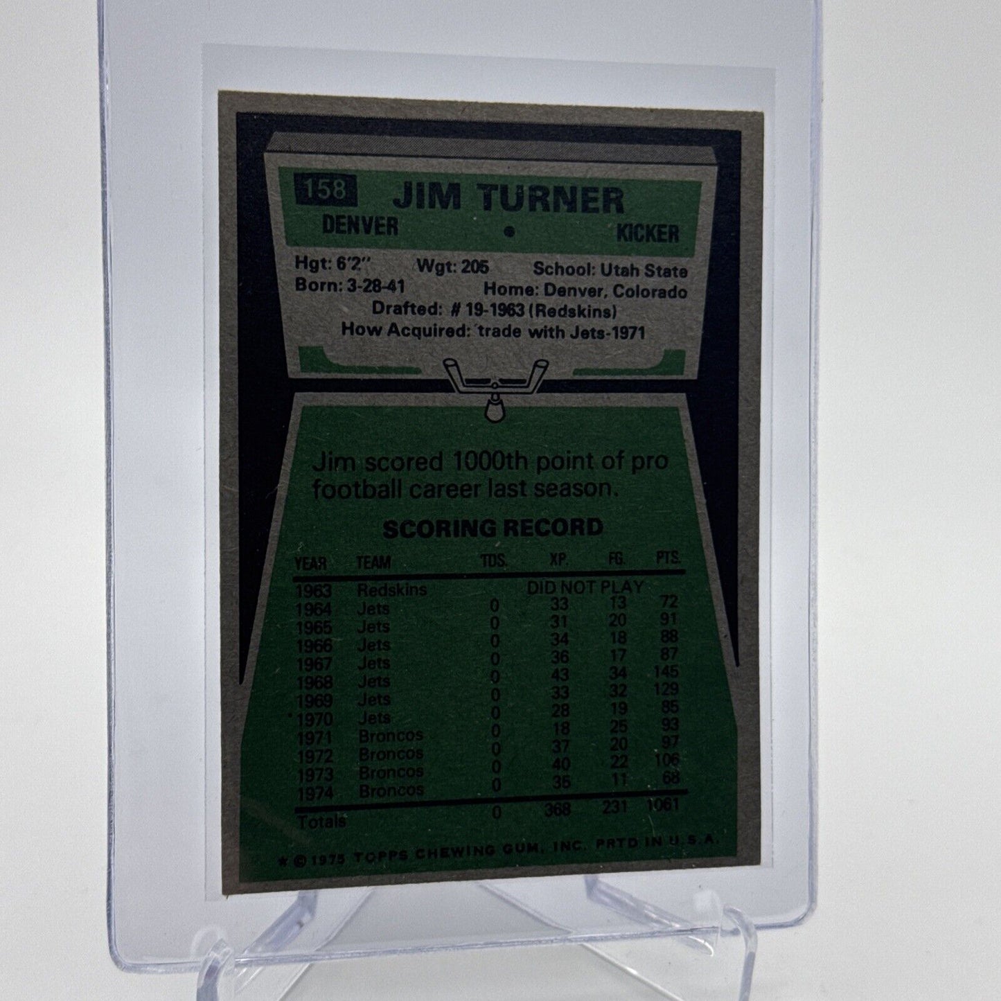 1975 Topps Jim Turner Football Card #158 NM Quality #3 FREE SHIPPING