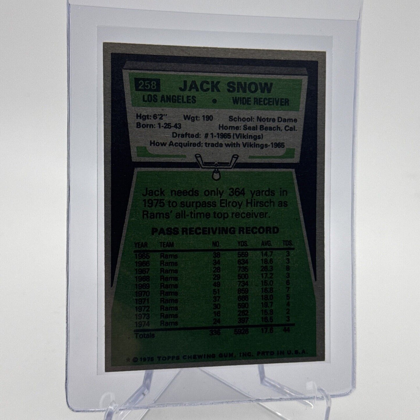 1975 Topps Jack Snow Football Card #258 NM Quality #2 FREE SHIPPING
