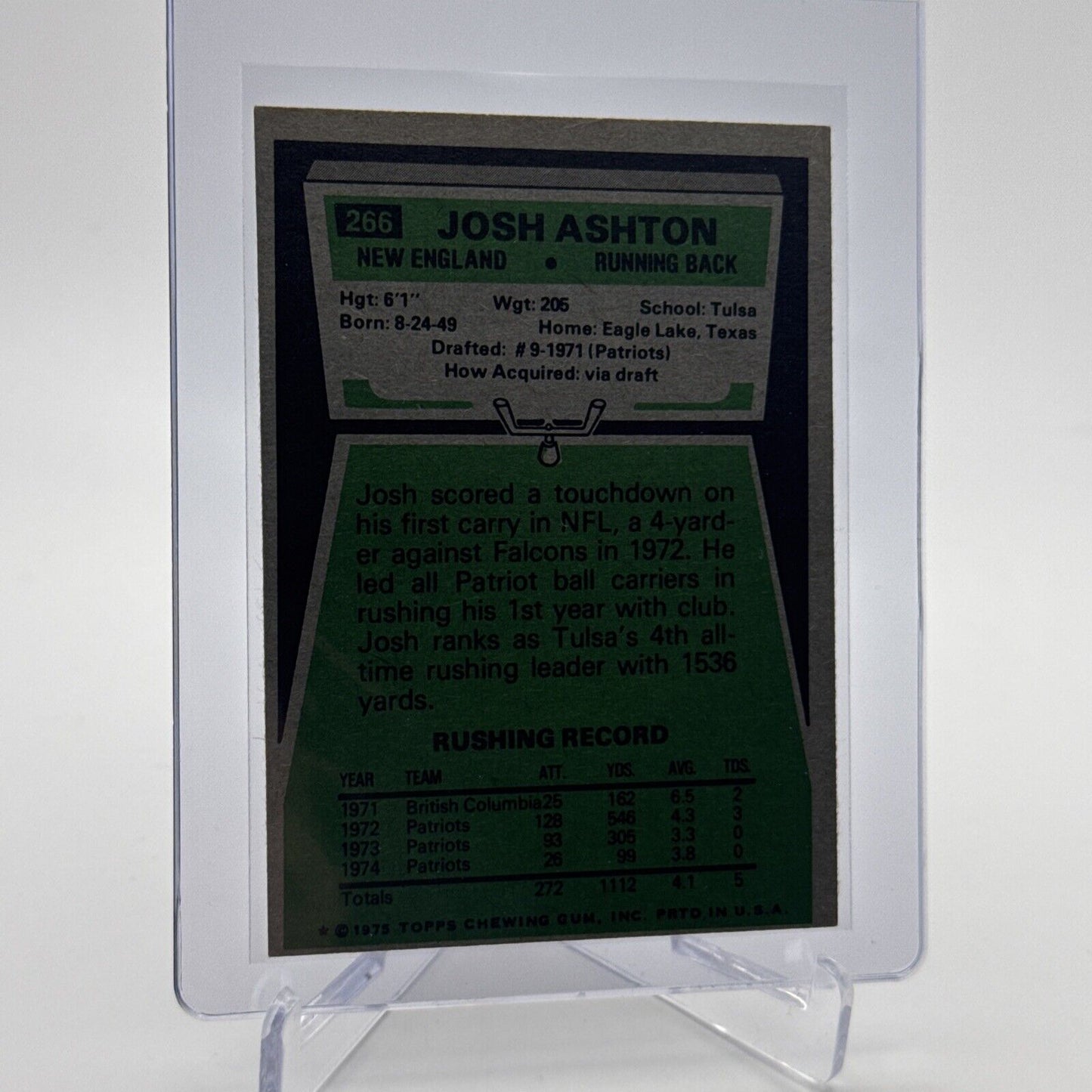 1975 Topps Josh Ashton Football Card #266 NM Quality #2 FREE SHIPPING