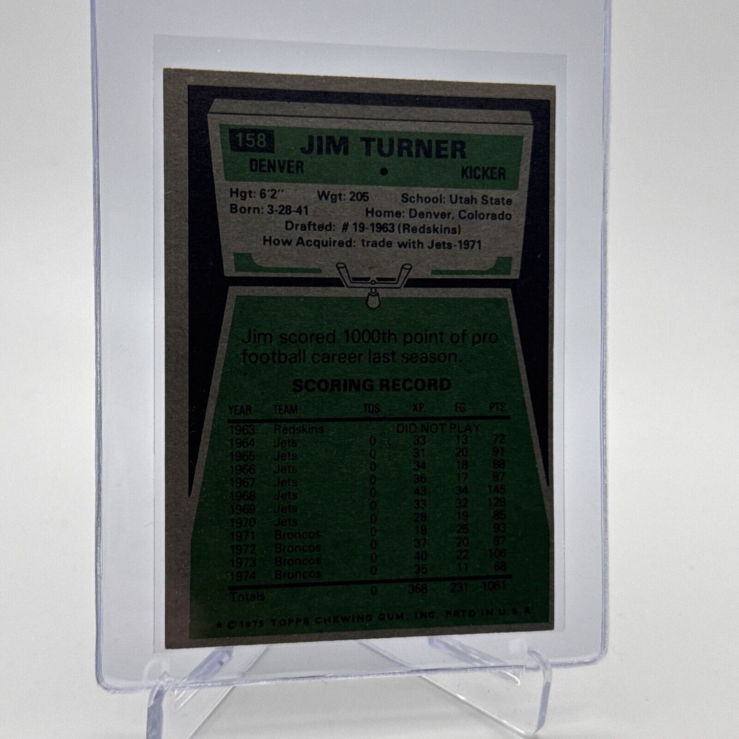 1975 Topps Jim Turner Football Card #158 NM Quality #2 FREE SHIPPING