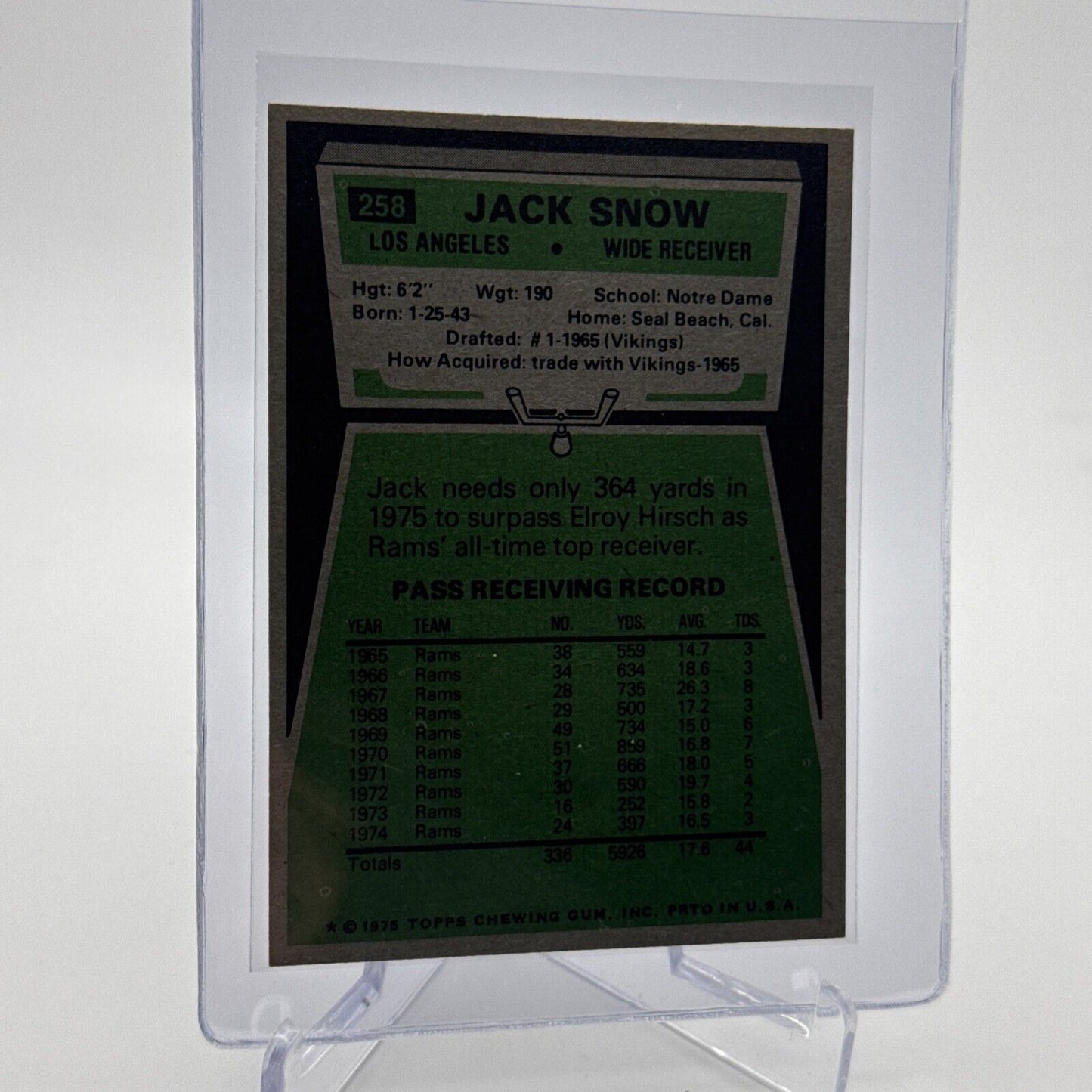 1975 Topps Jack Snow Football Card #258 NM Quality #3 FREE SHIPPING