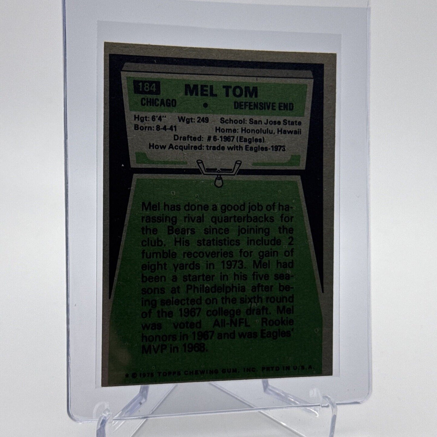 1975 Topps Mel Tom Football Card #184 NM Quality #2 FREE SHIPPING