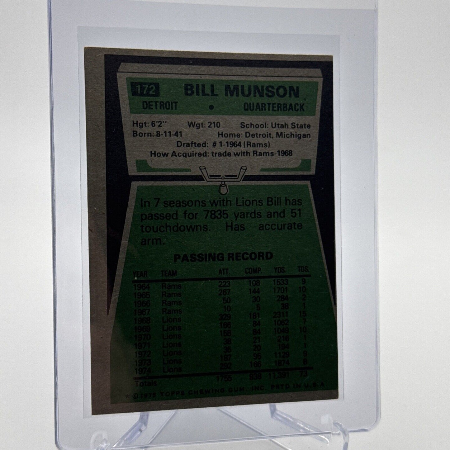 1975 Topps Bill Munson Football Card #172 NM Quality #2 FREE SHIPPING