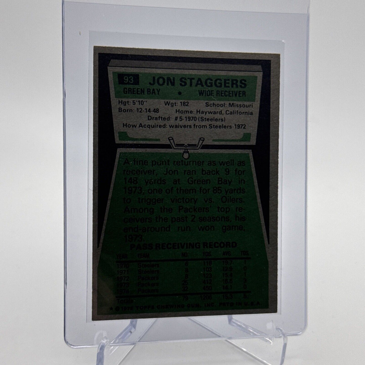 1975 Topps Jon Staggers Football Card #93 NM Quality #5 FREE SHIPPING