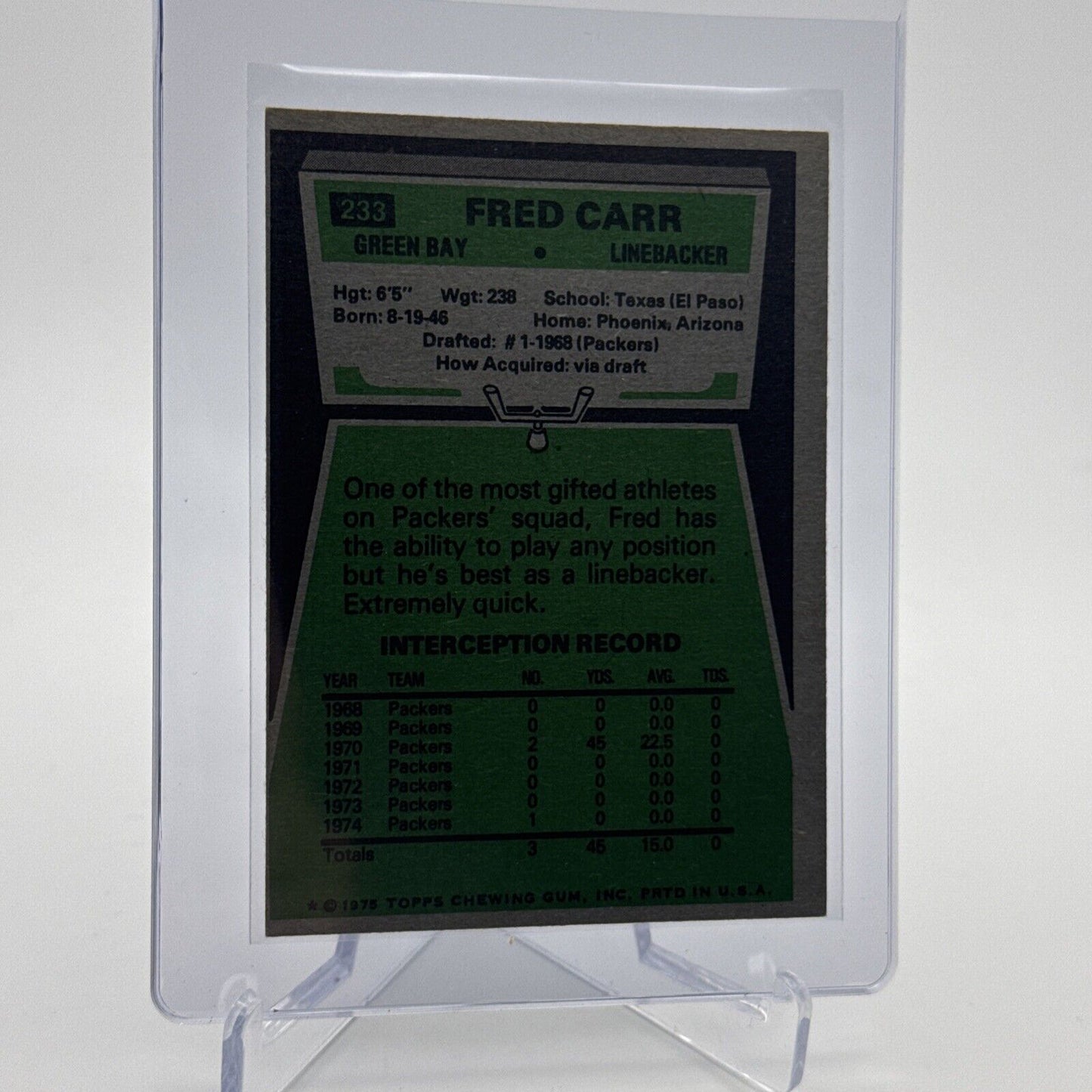 1975 Topps Fred Carr Football Card #233 NM Quality #2 FREE SHIPPING