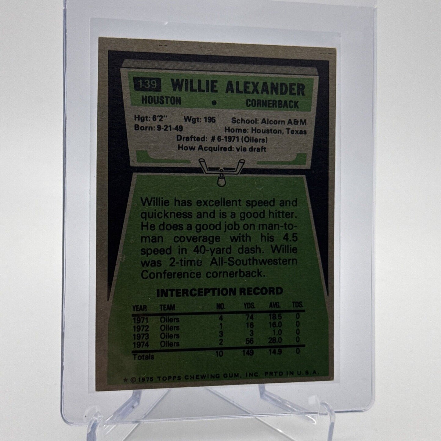 1975 Topps Willie Alexander Football Card #139 NM Quality FREE SHIPPING