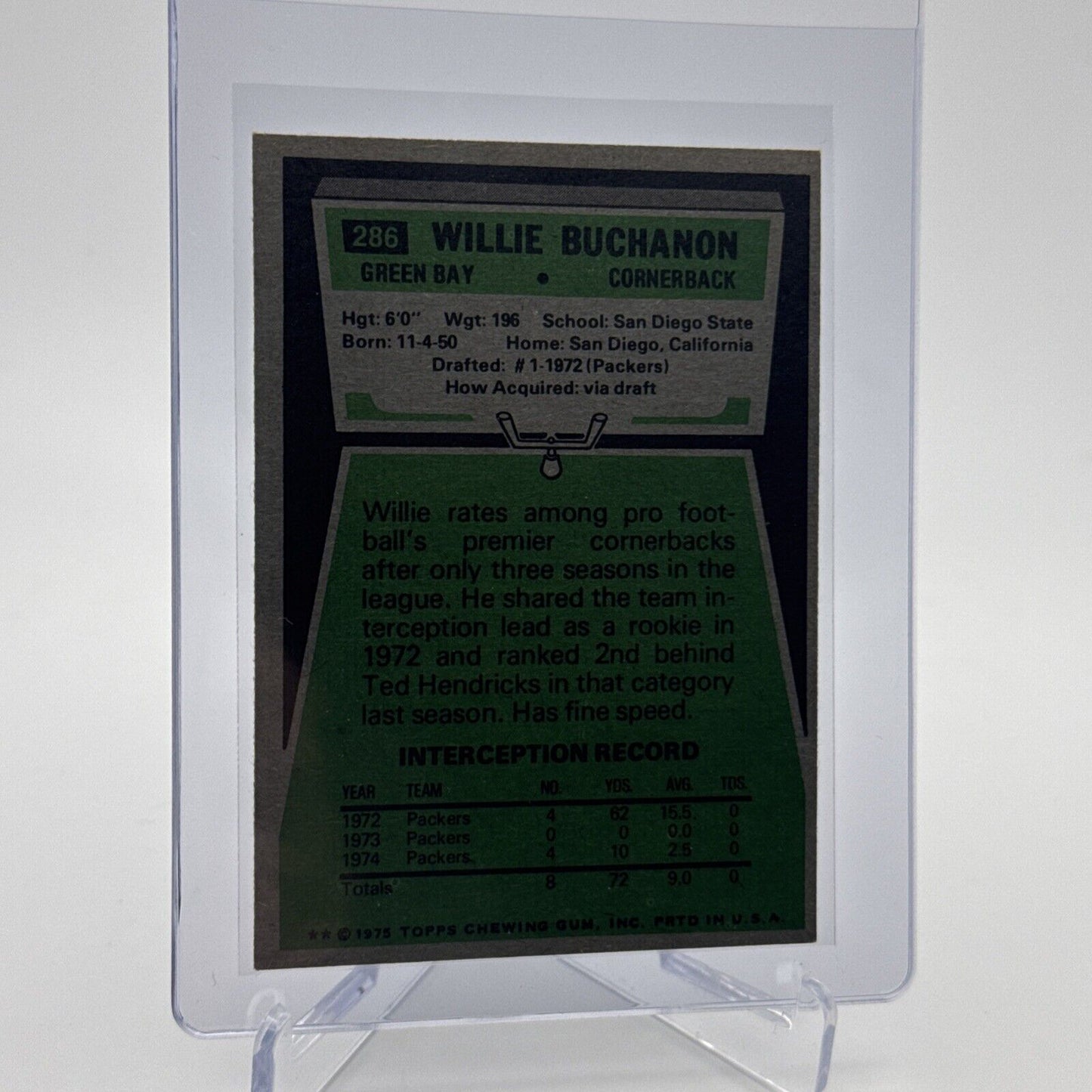 1975 Topps Willie Buchanon Football Card #286 NM Quality FREE SHIPPING