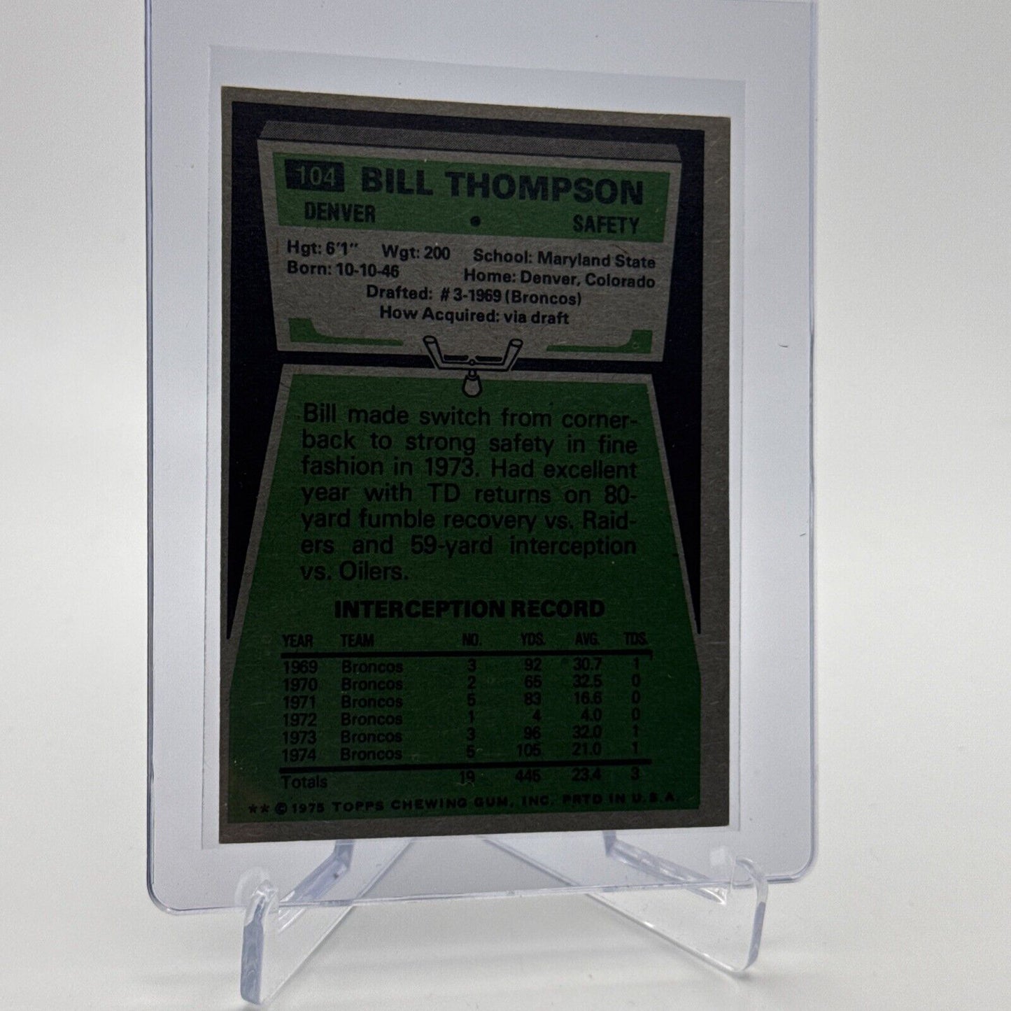 1975 Topps Bill Thompson Football Card #104 NM Quality #3 FREE SHIPPING