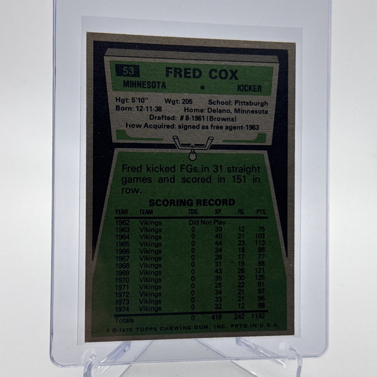 1975 Topps Fred Cox Football Card #53 NM Quality #3 FREE SHIPPING