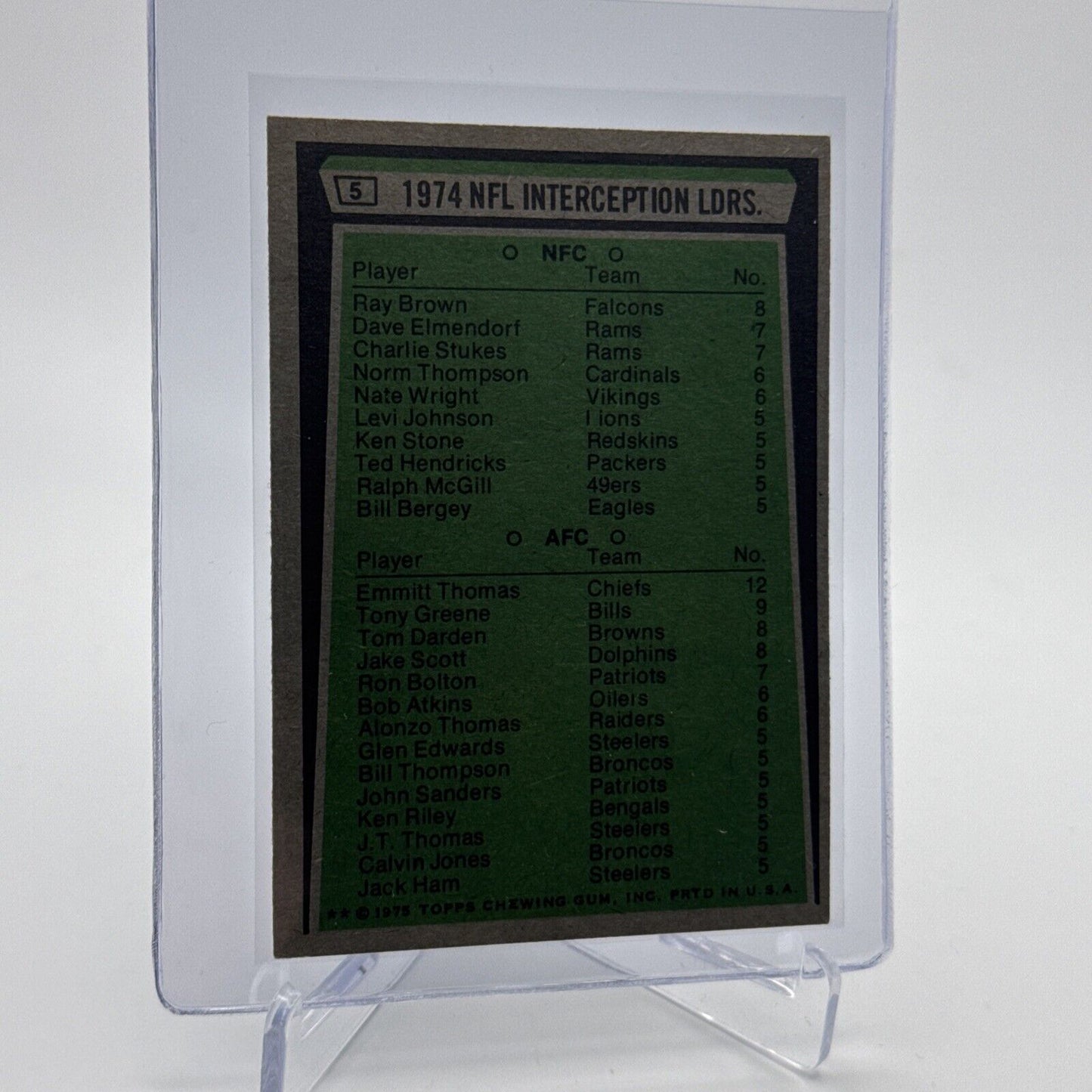 1975 Topps 1974 NFL Intercept Leaders Football Card #5 NM #5 FREE SHIPPING