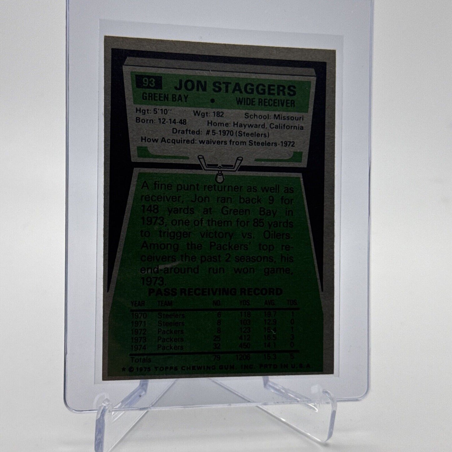 1975 Topps Jon Staggers Football Card #93 NM Quality #3 FREE SHIPPING