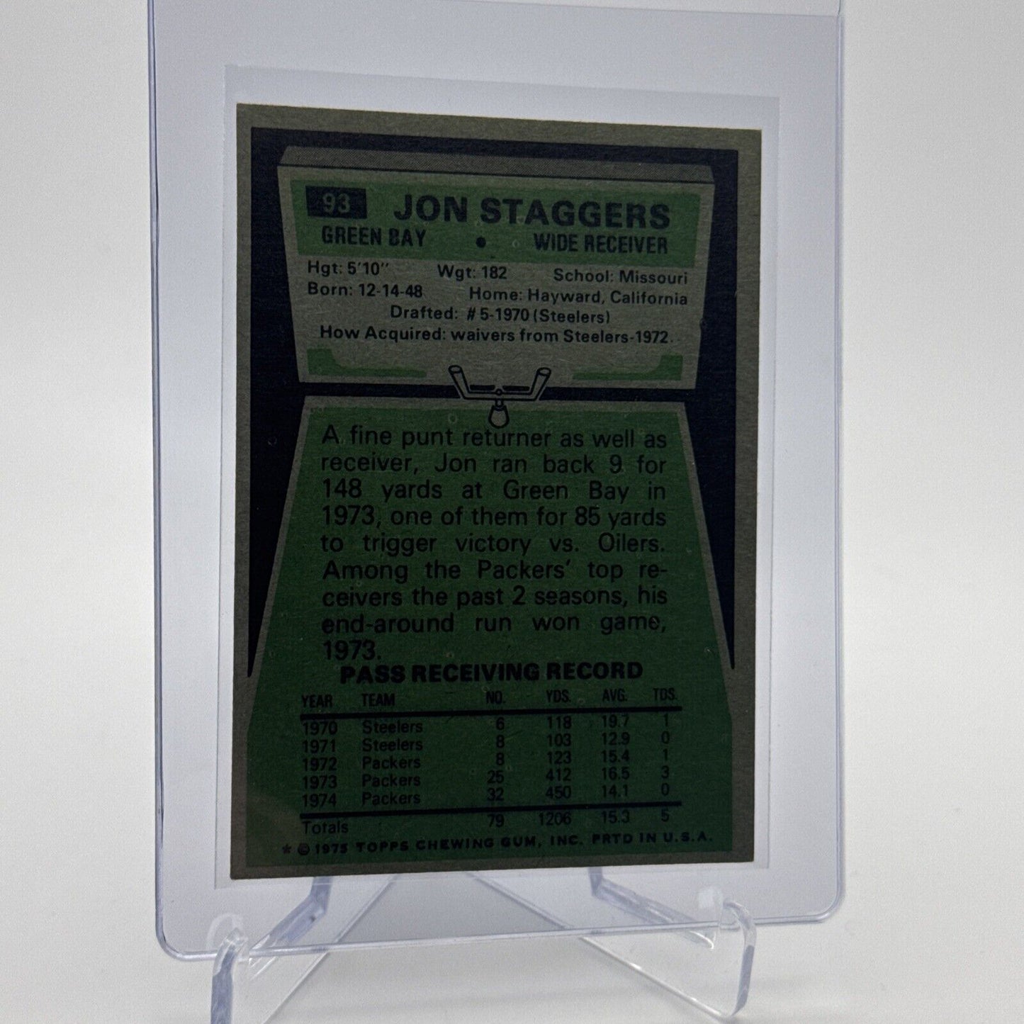 1975 Topps Jon Staggers Football Card #93 NM Quality #2 FREE SHIPPING