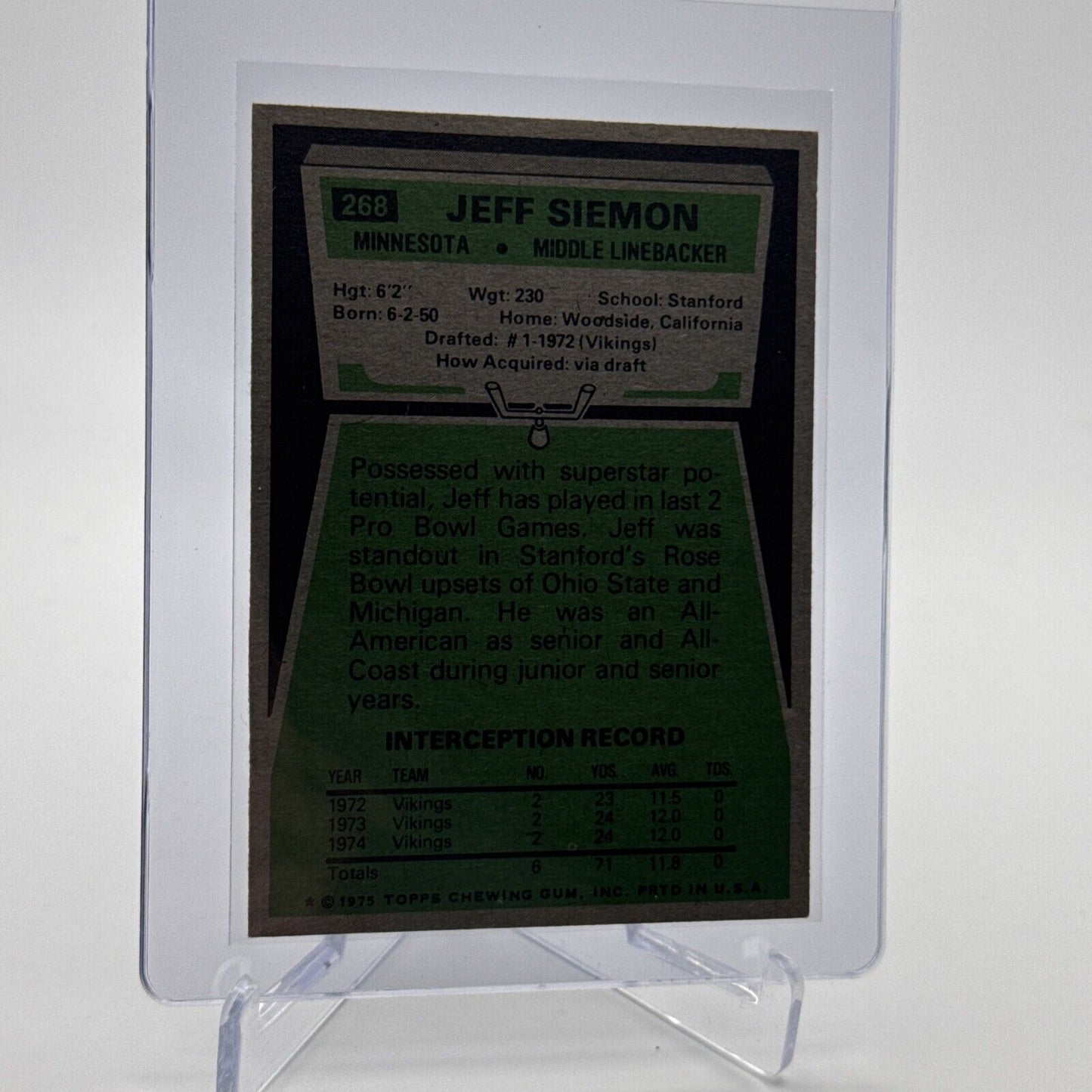 1975 Topps Jeff Siemon Football Card #268 NM Quality #3 FREE SHIPPING