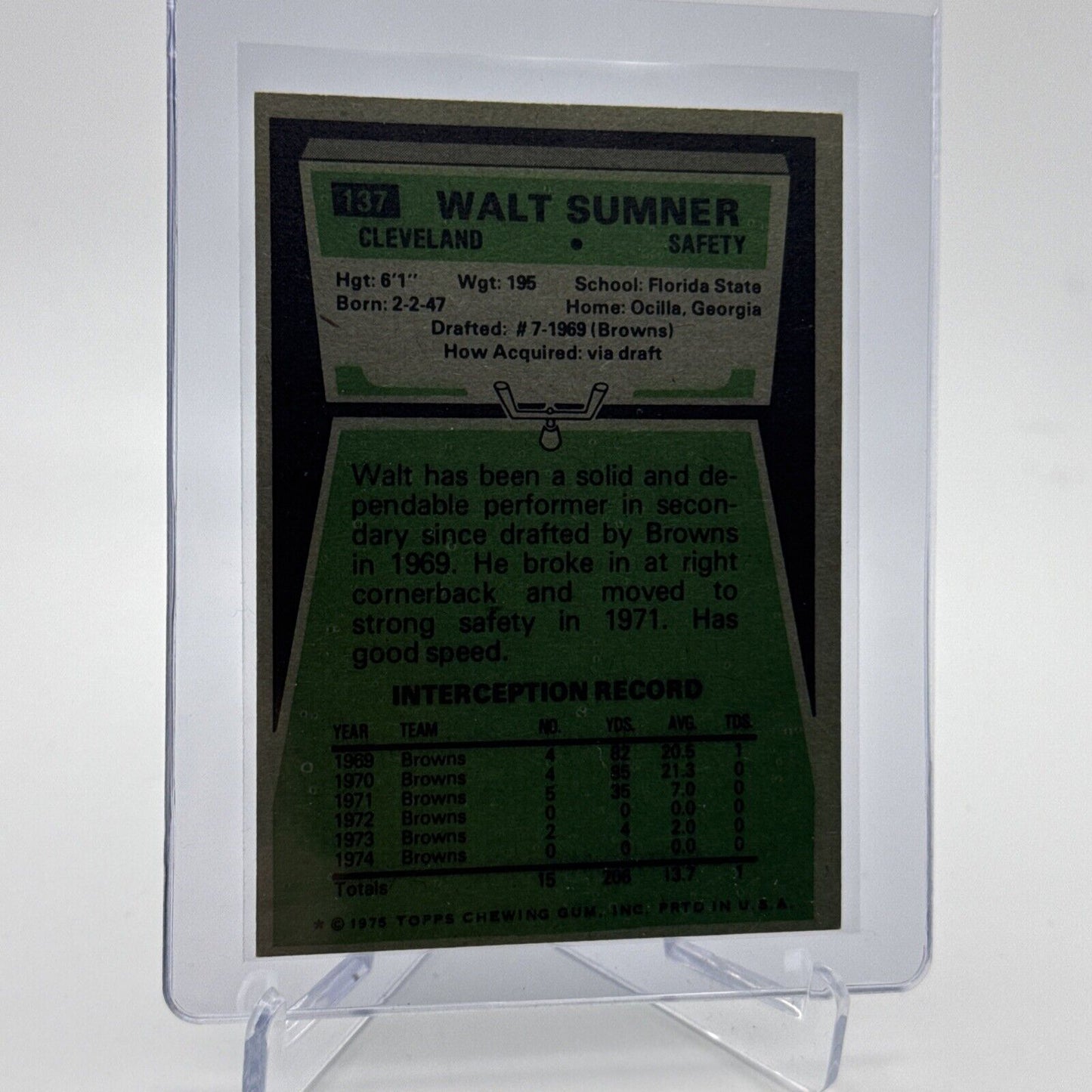 1975 Topps Walt Sumner Football Card #137 NM Quality #2 FREE SHIPPING