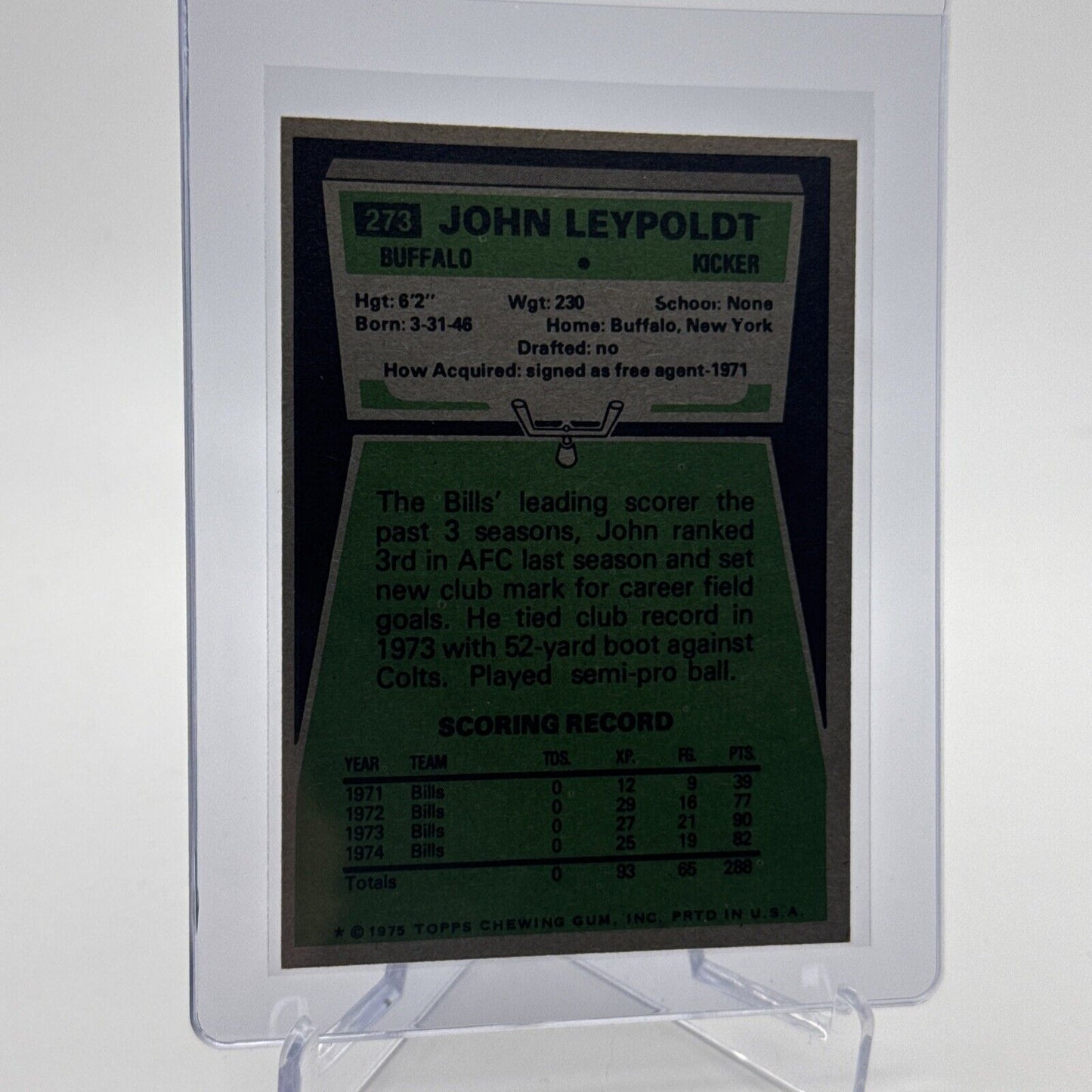 1975 Topps John Leypoldt Football Card #273 NM Quality #2 FREE SHIPPING