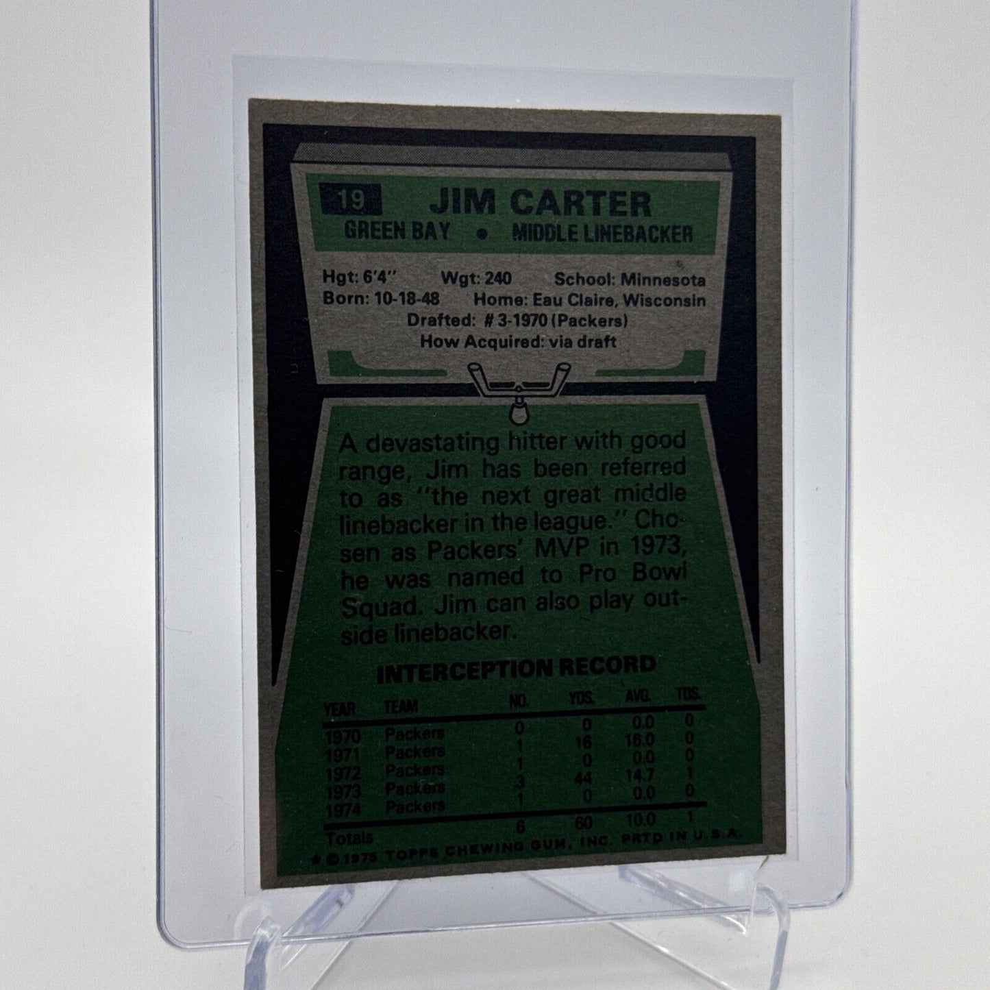 1975 Topps Jim Carter Football Card #19 NM Quality #6 FREE SHIPPING