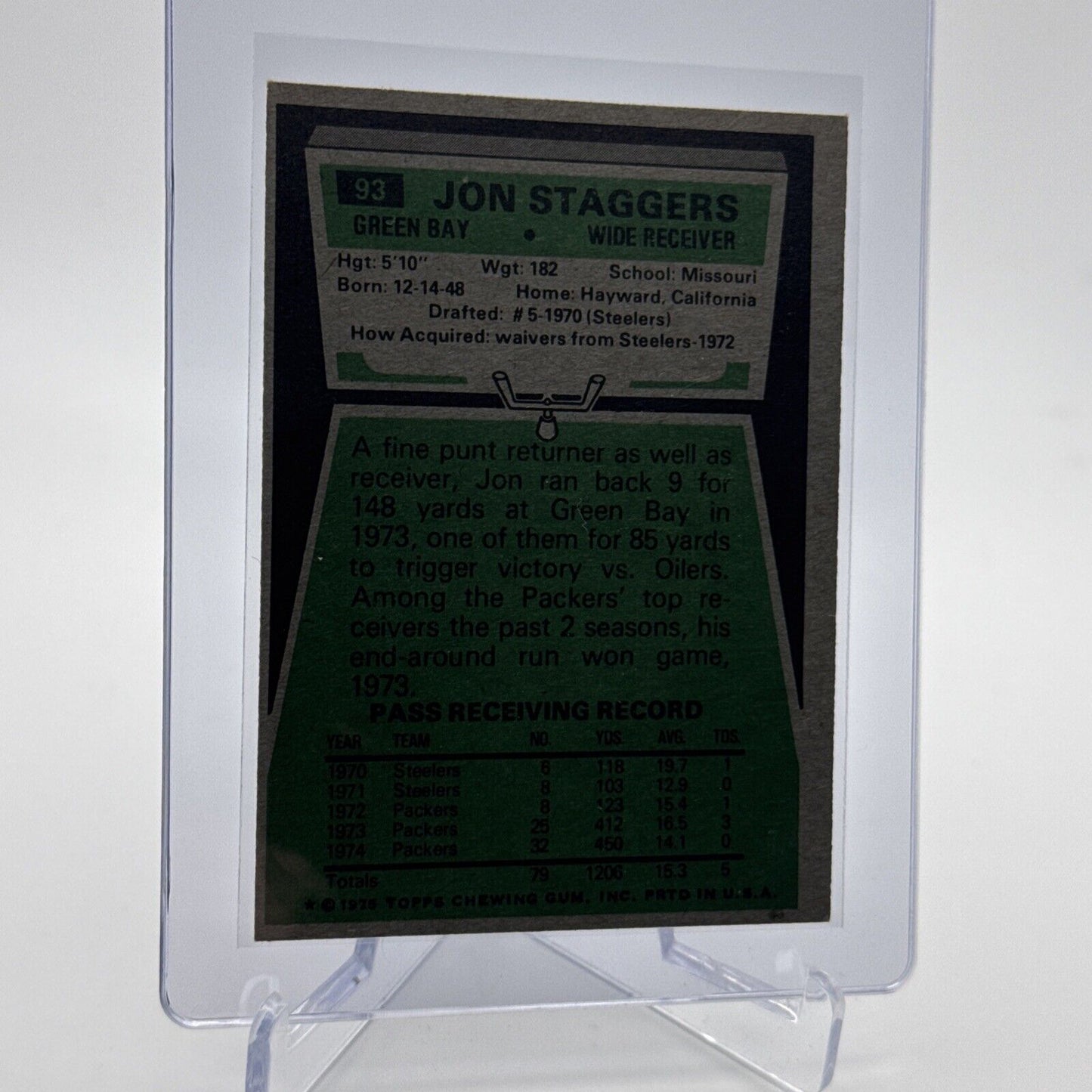 1975 Topps Jon Staggers Football Card #93 NM Quality #6 FREE SHIPPING