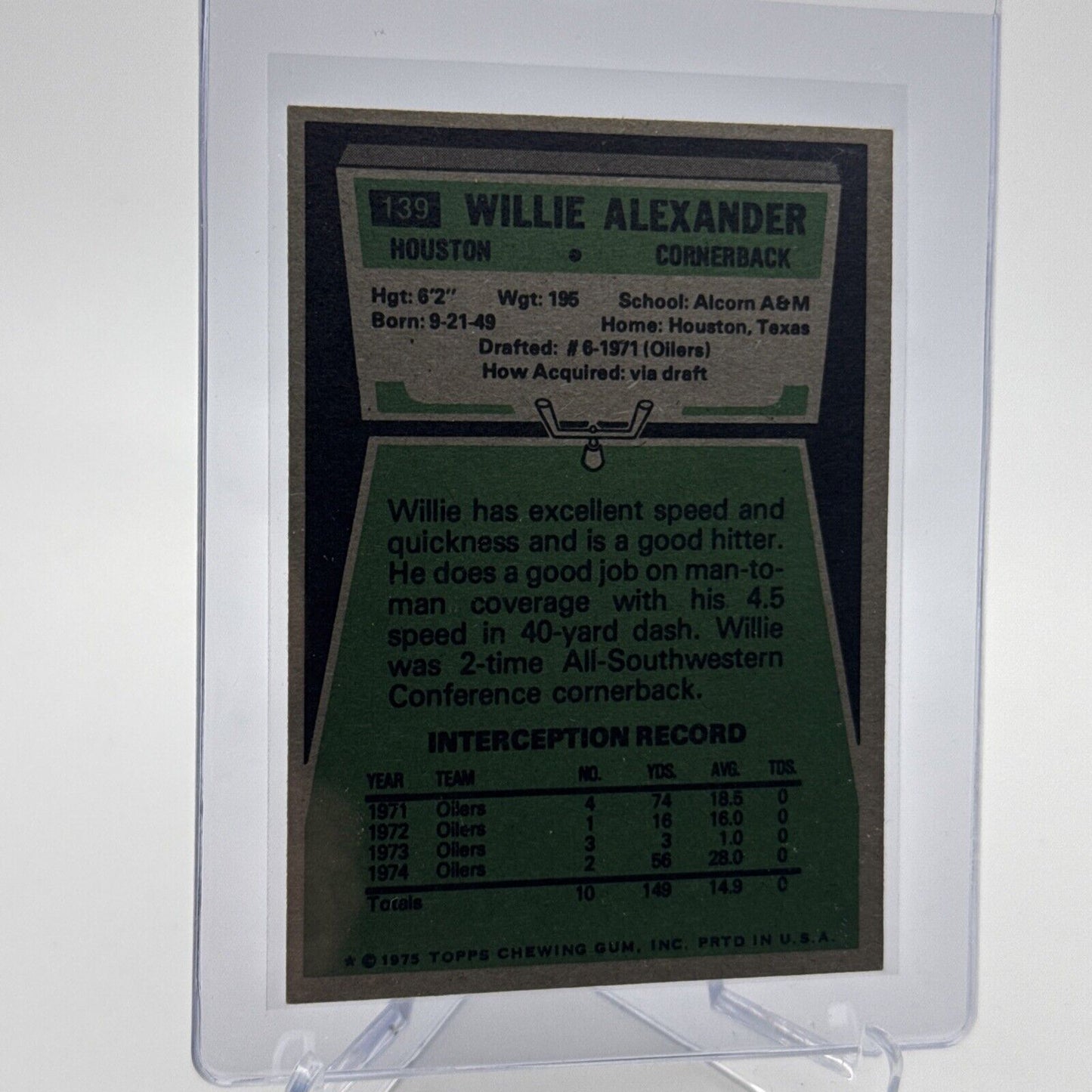 1975 Topps Willie Alexander Football Card #139 NM Quality #4 FREE SHIPPING