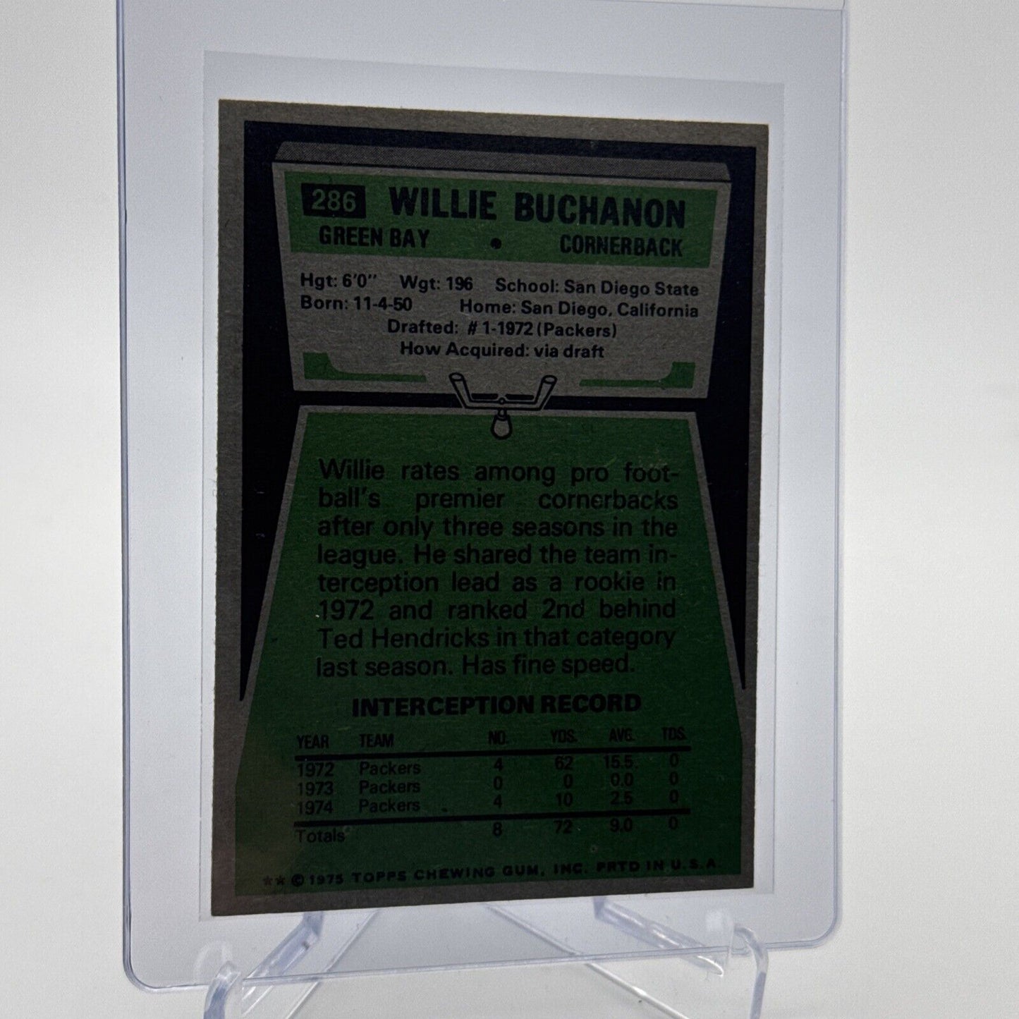 1975 Topps Willie Buchanon Football Card #286 NM Quality #3 FREE SHIPPING