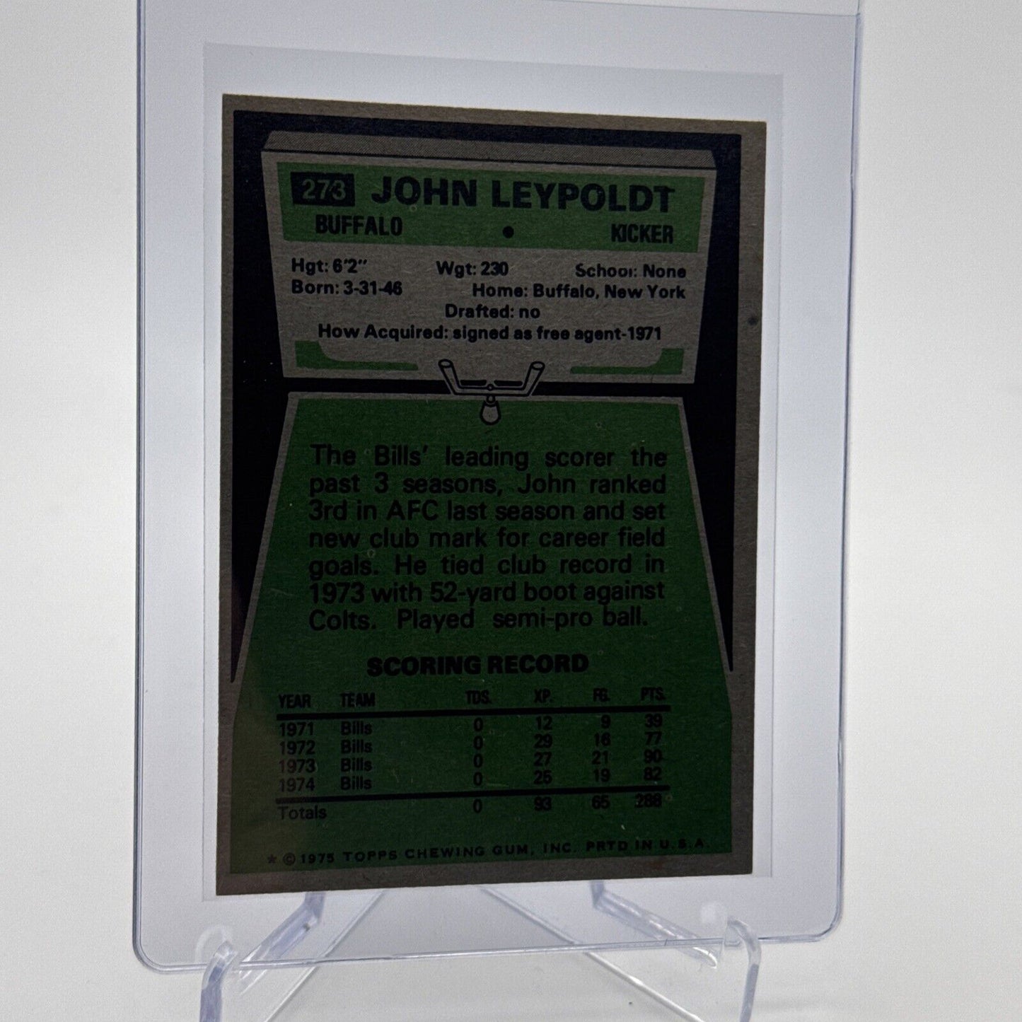 1975 Topps John Leypoldt Football Card #273 NM Quality #3 FREE SHIPPING