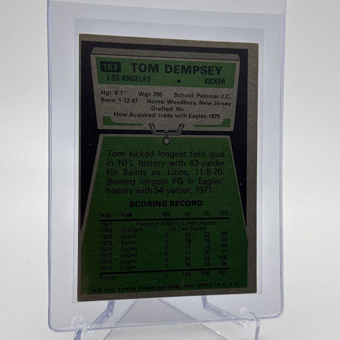 1975 Topps Tom Dempsey Football Card #163 NM Quality FREE SHIPPING