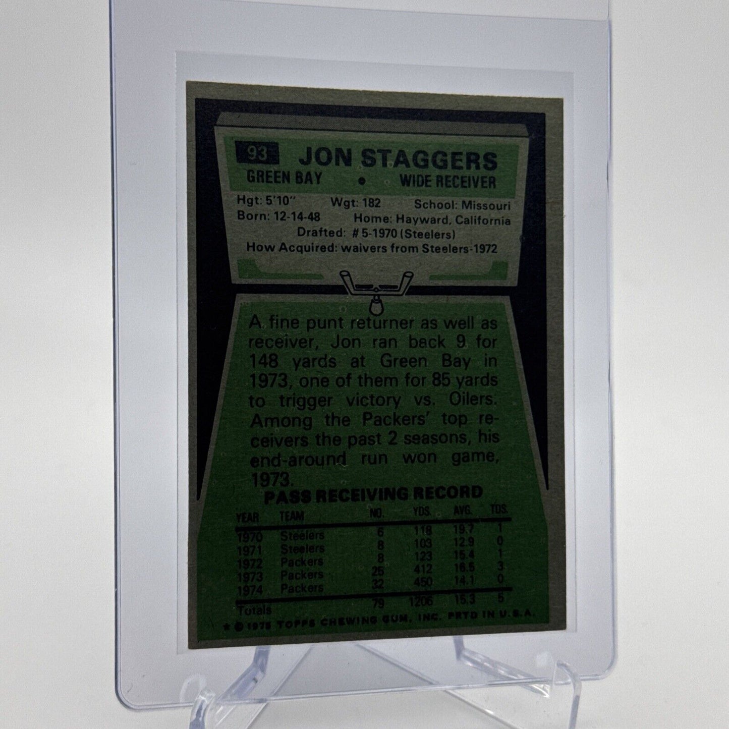 1975 Topps Jon Staggers Football Card #93 NM Quality #4 FREE SHIPPING