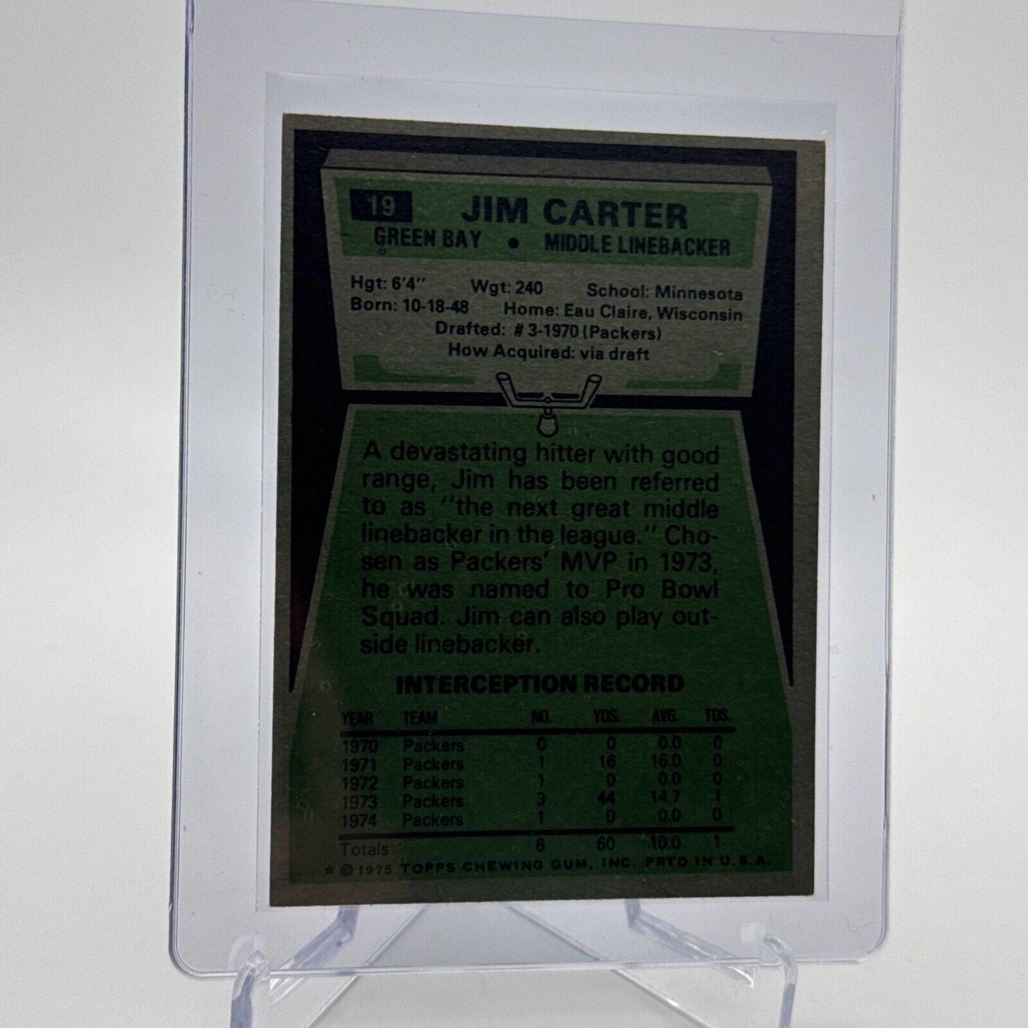 1975 Topps Jim Carter Football Card #19 NM Quality #4 FREE SHIPPING