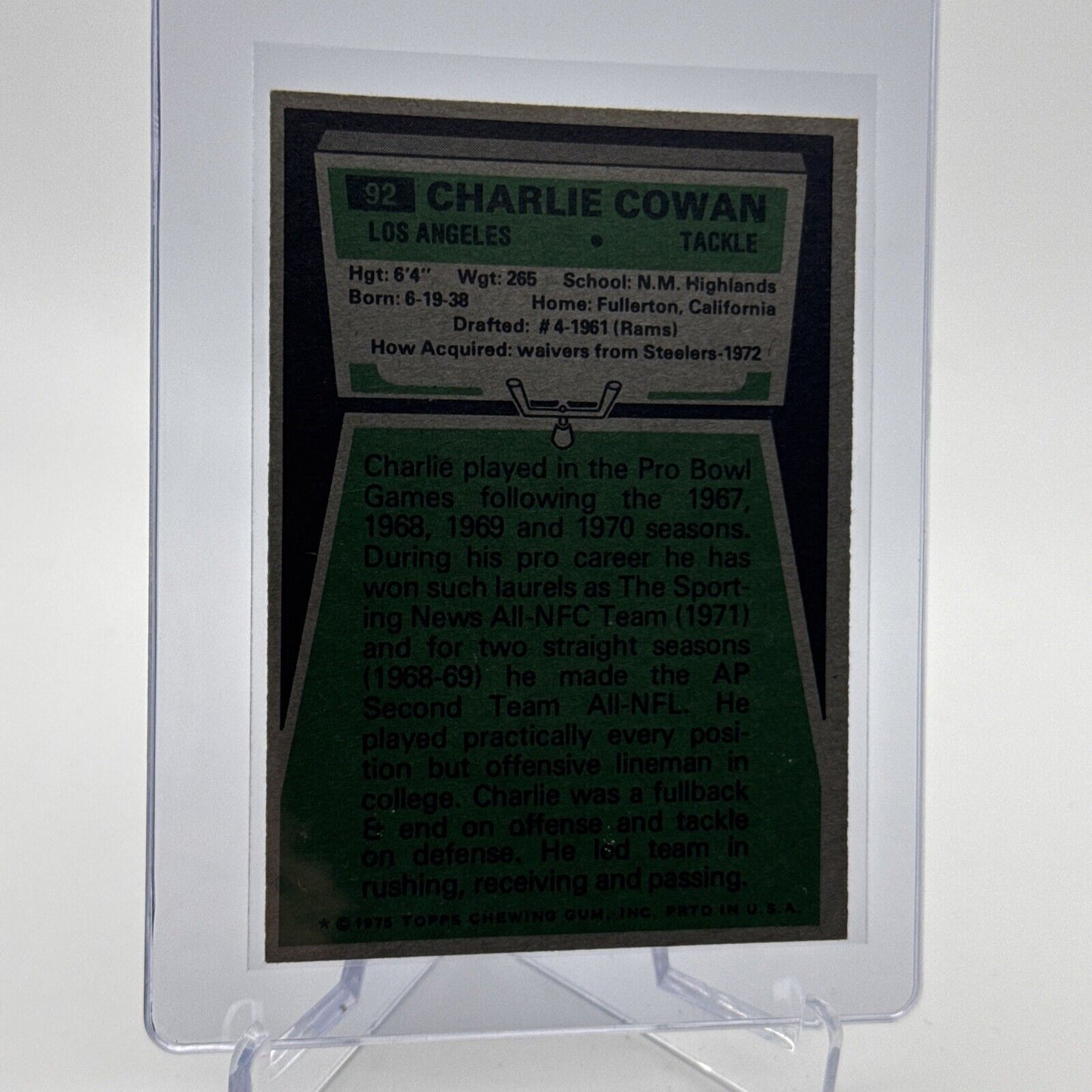 1975 Topps Charles Cowan Football Card #92 NM Quality #5 FREE SHIPPING