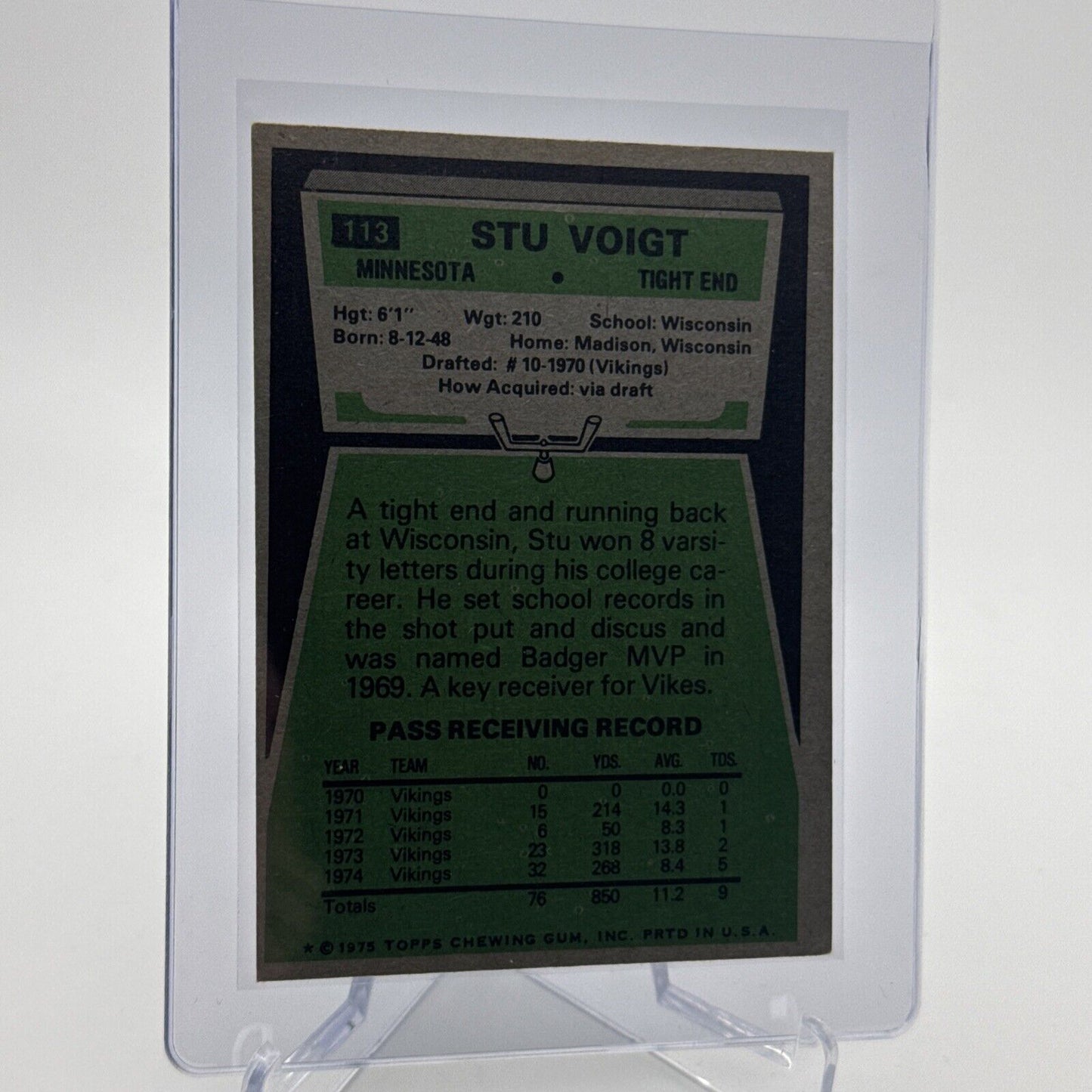 1975 Topps Stu Voigt Football Card #113 NM Quality #2 FREE SHIPPING
