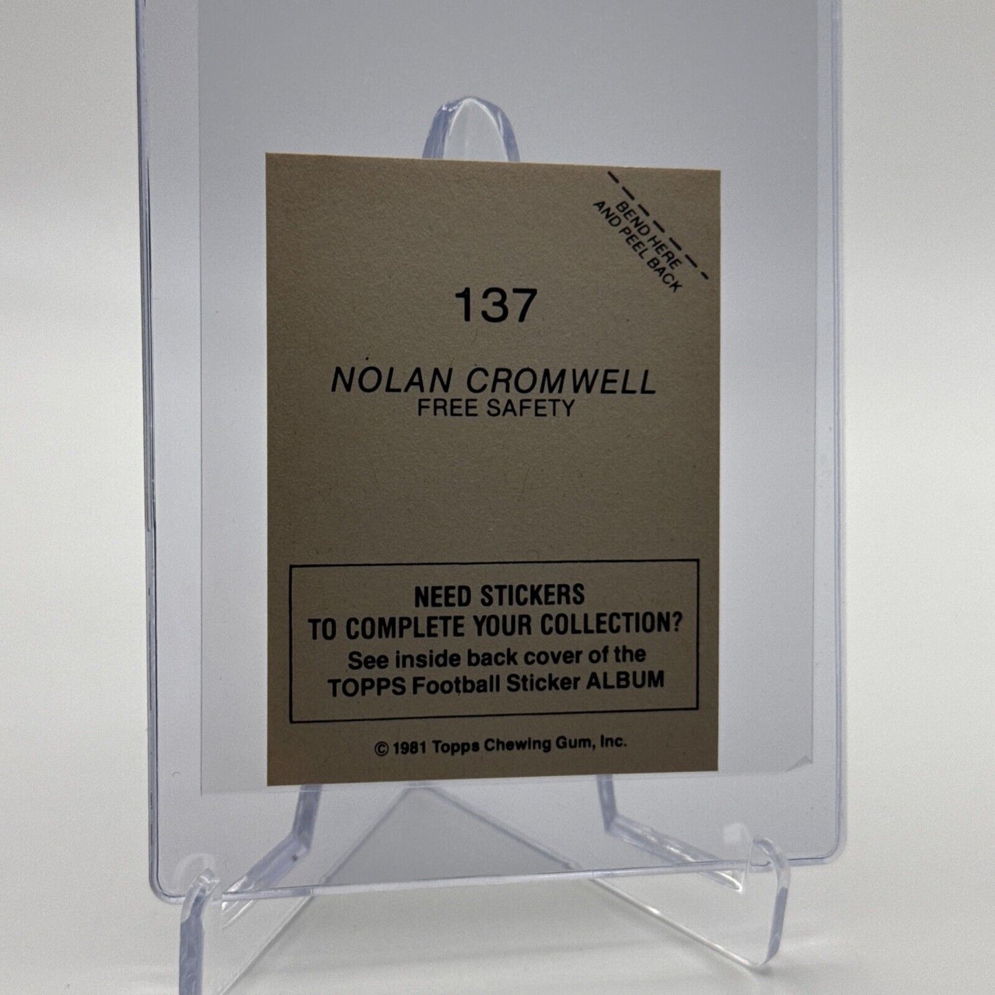 1981 Topps Nolan Cromwell FOIL Football Sticker Card #137 NM-MT FREE SHIPPING