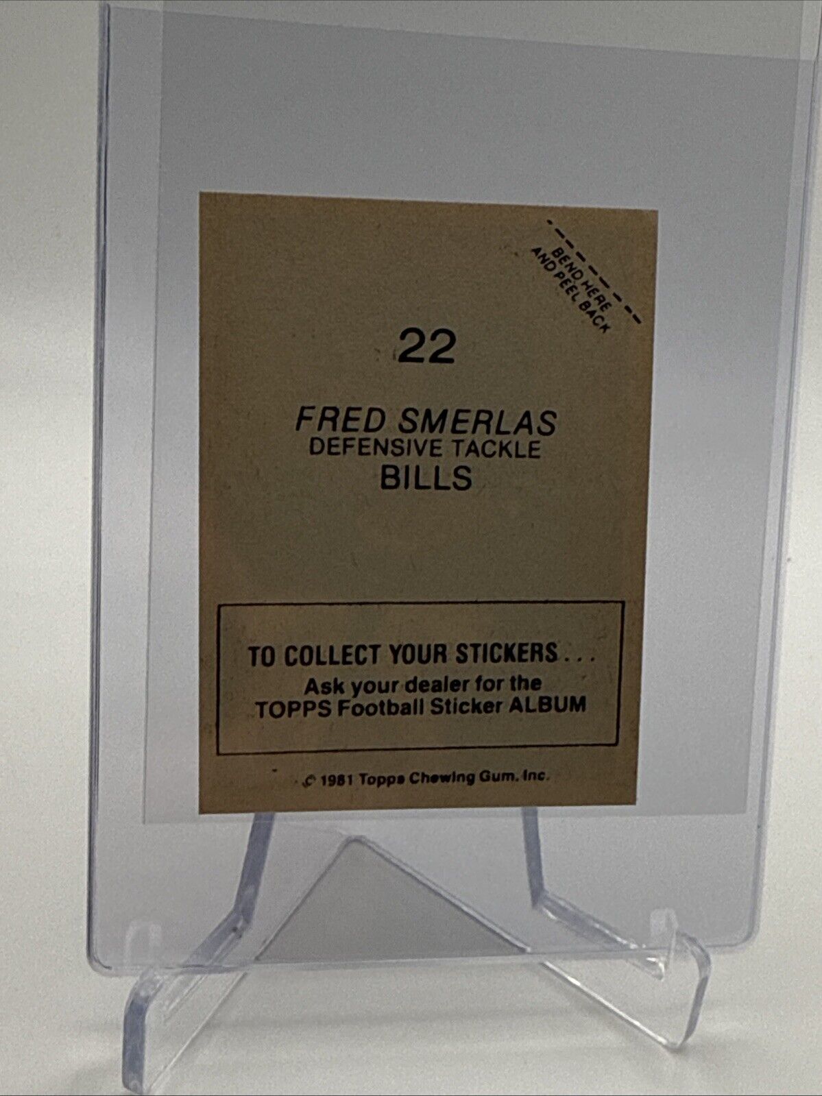 1981 Topps Fred Smerlas Football Sticker Card #22 NM-MT FREE SHIPPING