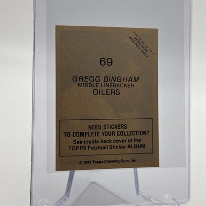 1981 Topps Gregg Bingham Football Sticker Card #69 NM-MT FREE SHIPPING