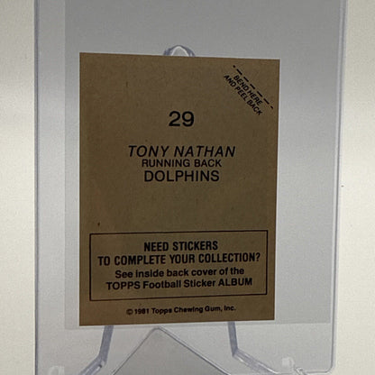 1981 Topps Tony Nathan Football Sticker Card #29 NM-MT FREE SHIPPING