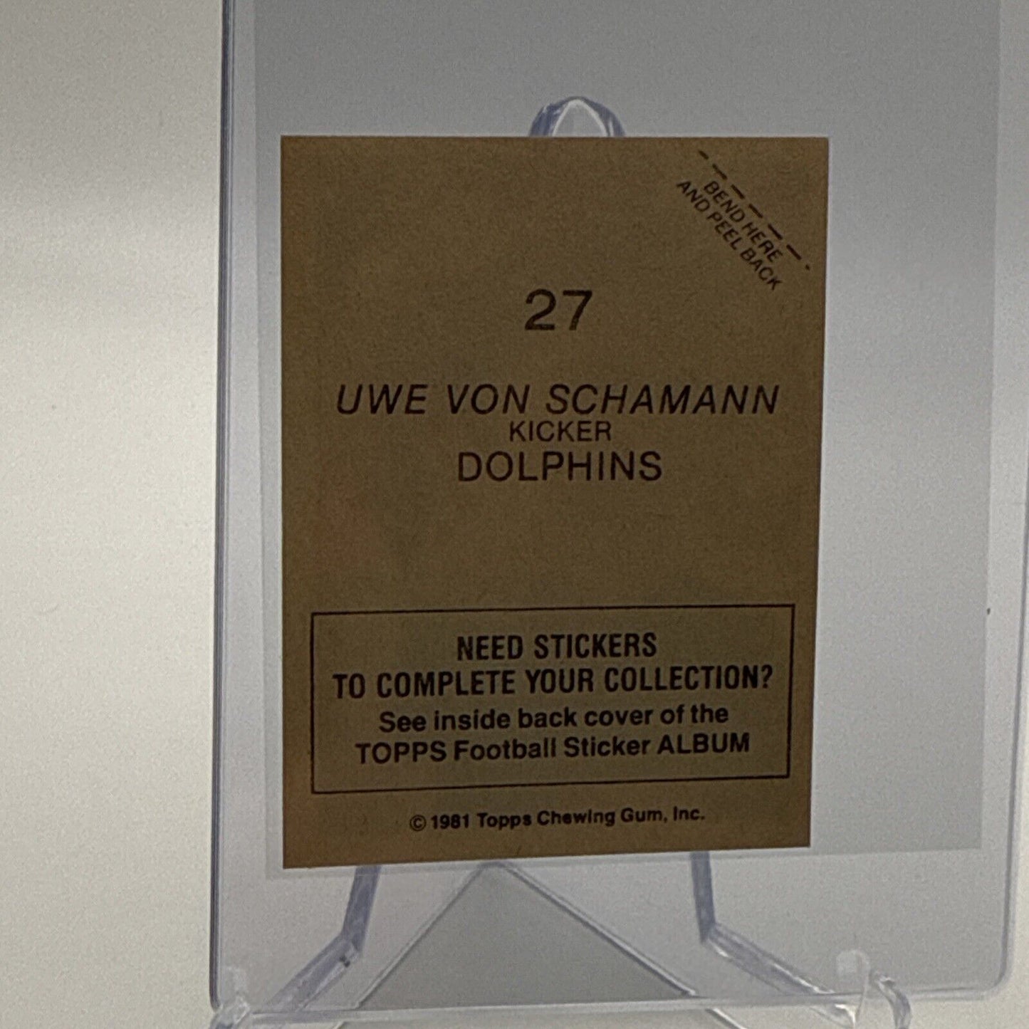 1981 Topps Uwe Von Schamann Football Sticker Card #27 NM-MT FREE SHIPPING