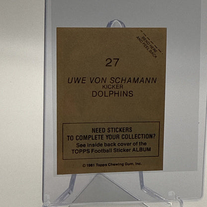 1981 Topps Uwe Von Schamann Football Sticker Card #27 NM-MT FREE SHIPPING