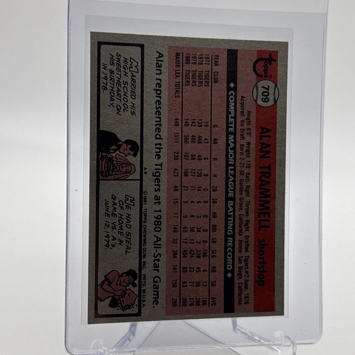 1981 Topps Alan Trammell Baseball Card #709 EX Quality FREE SHIPPING