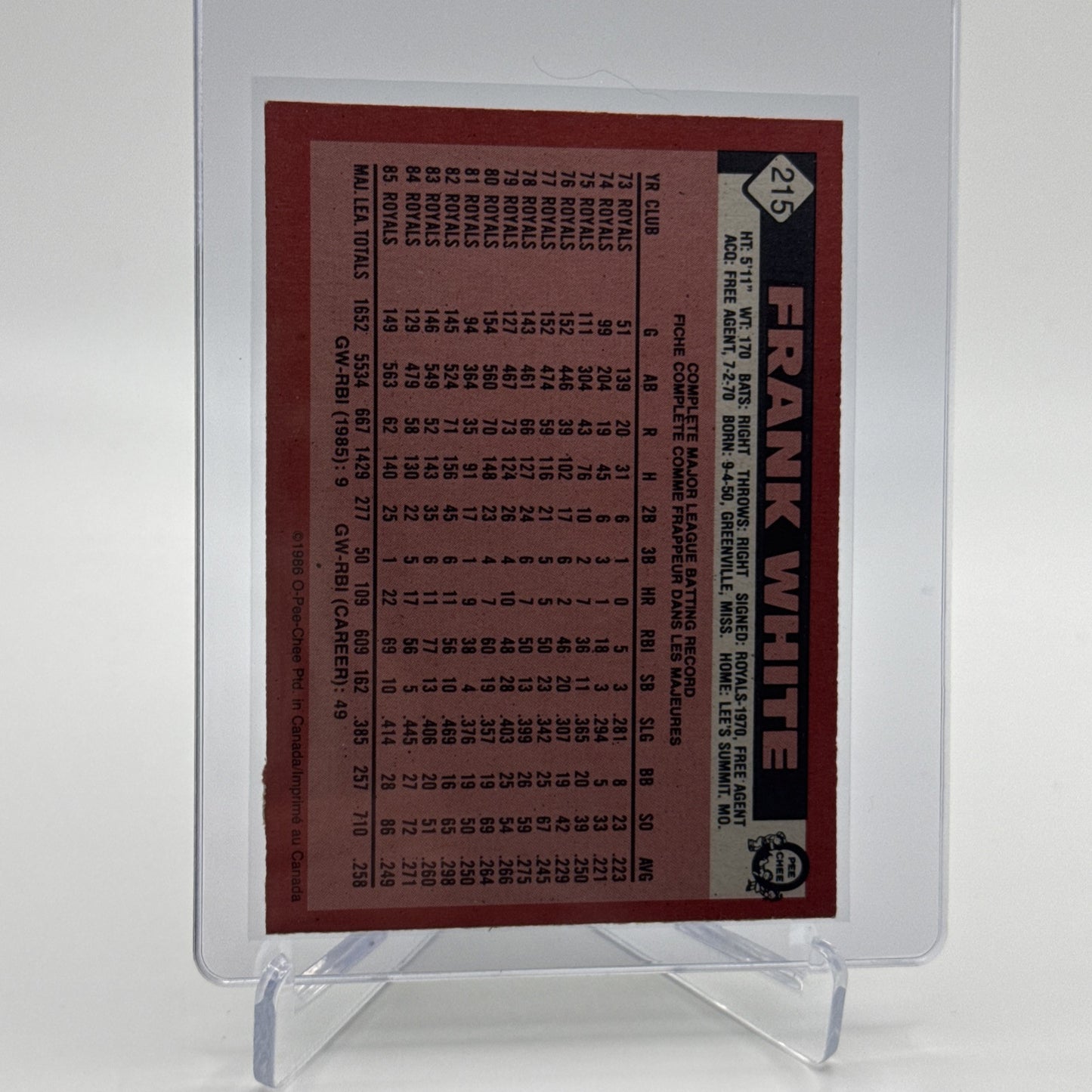 1986 O-Pee-Chee Frank White Baseball Card #215 NM-MT Free Shipping