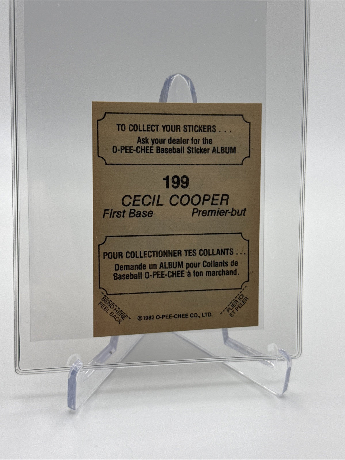 1982 O-Pee-Chee Stickers Cecil Cooper Baseball Card #199 NM-MT FREE SHIPPING