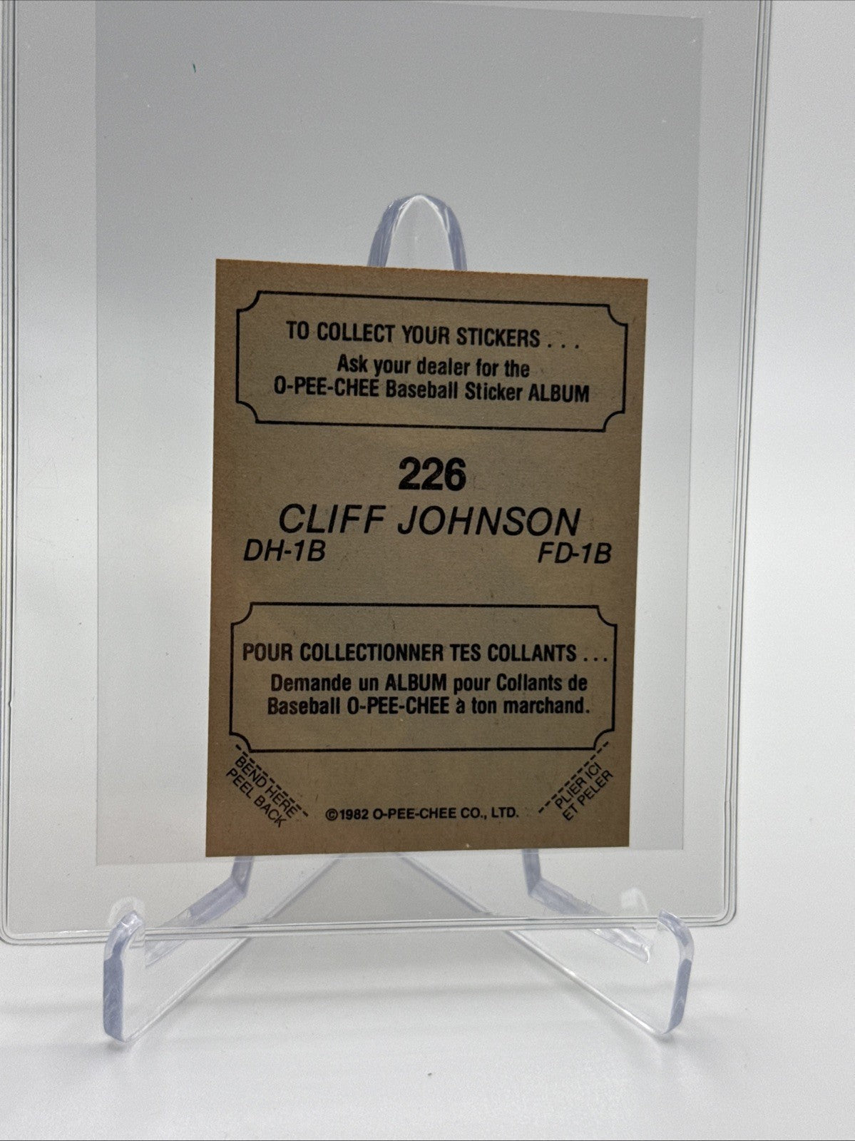1982 O-Pee-Chee Stickers Cliff Johnson Baseball Card #226 NM-MT FREE SHIPPING