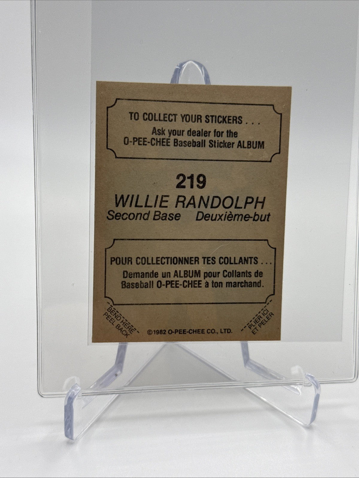 1982 O-Pee-Chee Stickers Willie Randolph Baseball Card #219 NM-MT FREE SHIPPING