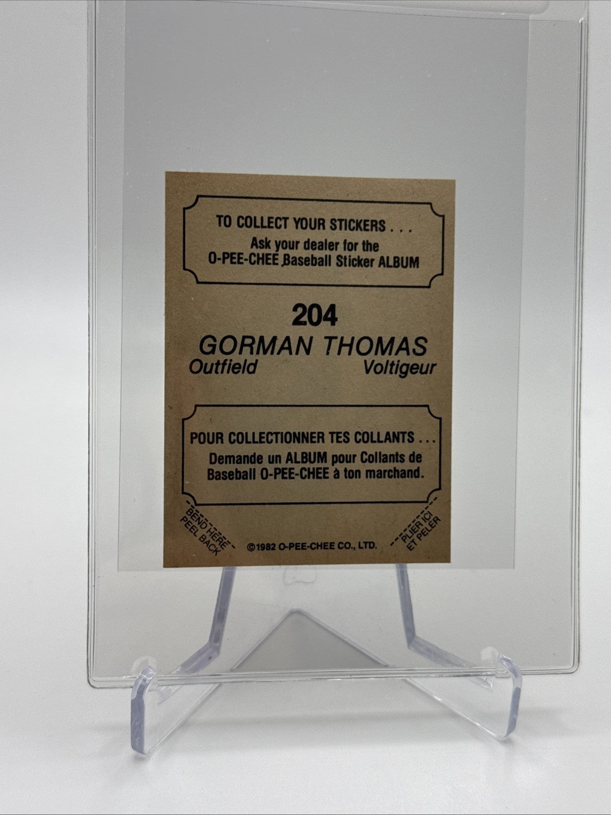 1982 O-Pee-Chee Stickers Gorman Thomas Baseball Card #204 NM-MT FREE SHIPPING