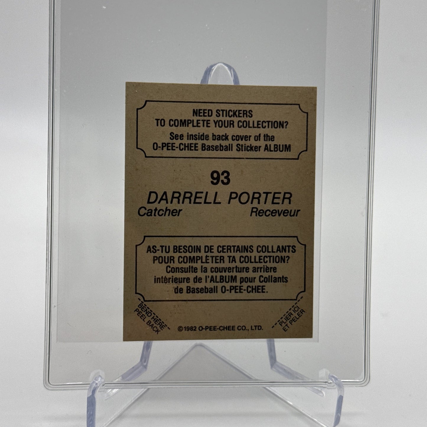 1982 O-Pee-Chee Stickers Darrell Porter Baseball Card #93 NM-MT FREE SHIPPING