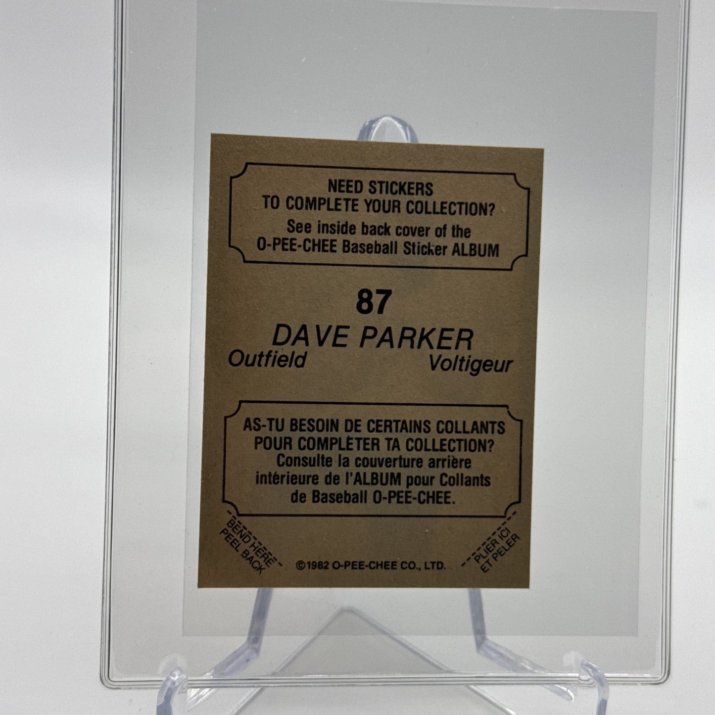 1982 O-Pee-Chee Stickers Dave Parker Baseball Card #87 NM-MT FREE SHIPPING