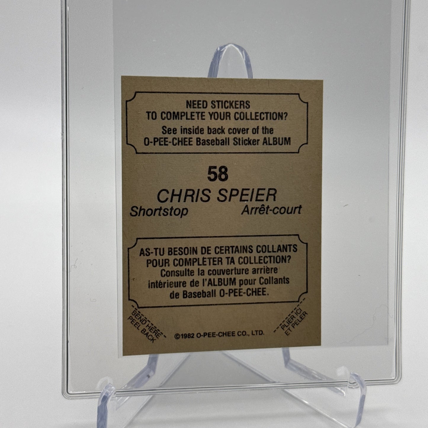 1982 O-Pee-Chee Stickers Chris Speier Baseball Card #58 NM-MT FREE SHIPPING