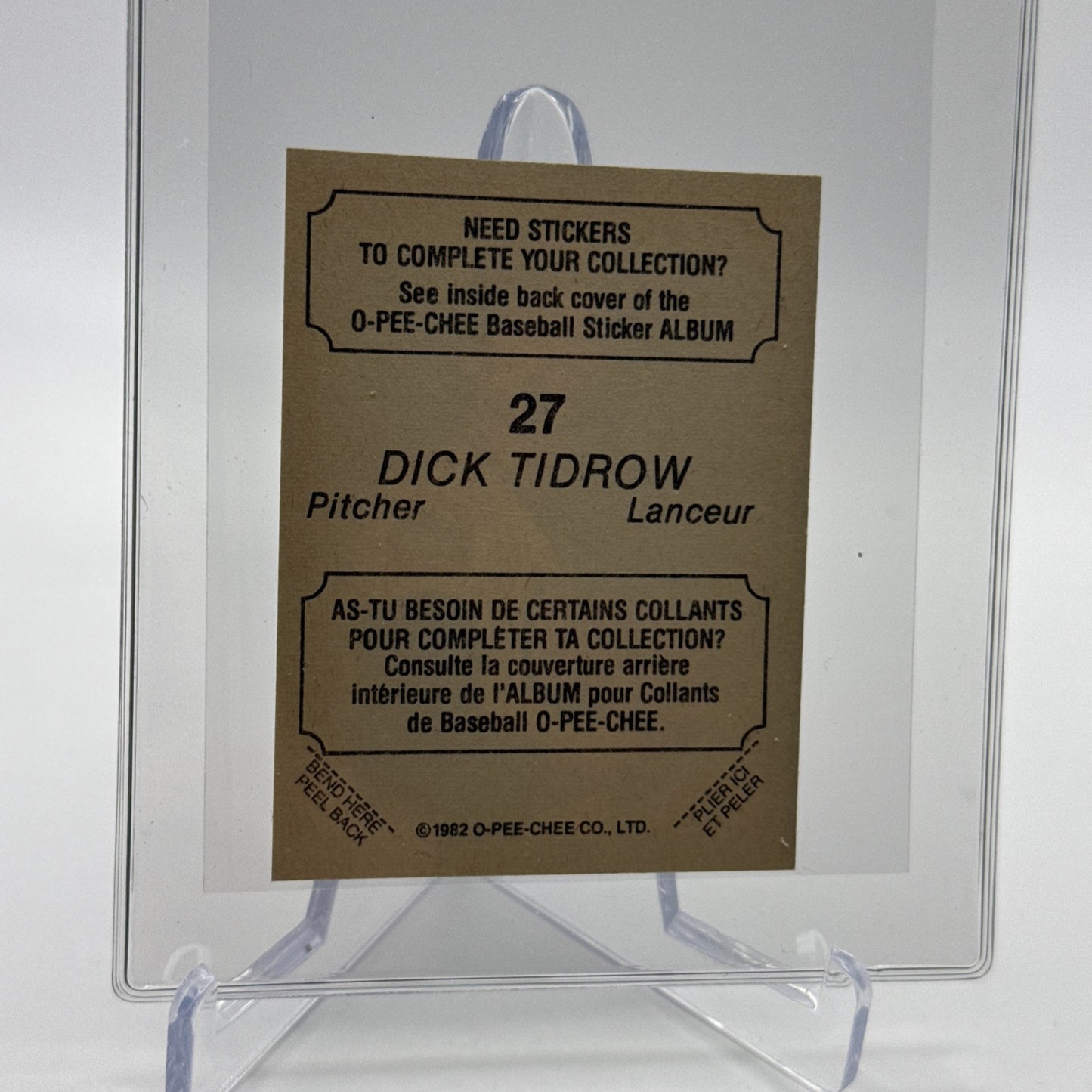 1982 O-Pee-Chee Stickers Dick Tidrow Baseball Card #27 NM-MT FREE SHIPPING