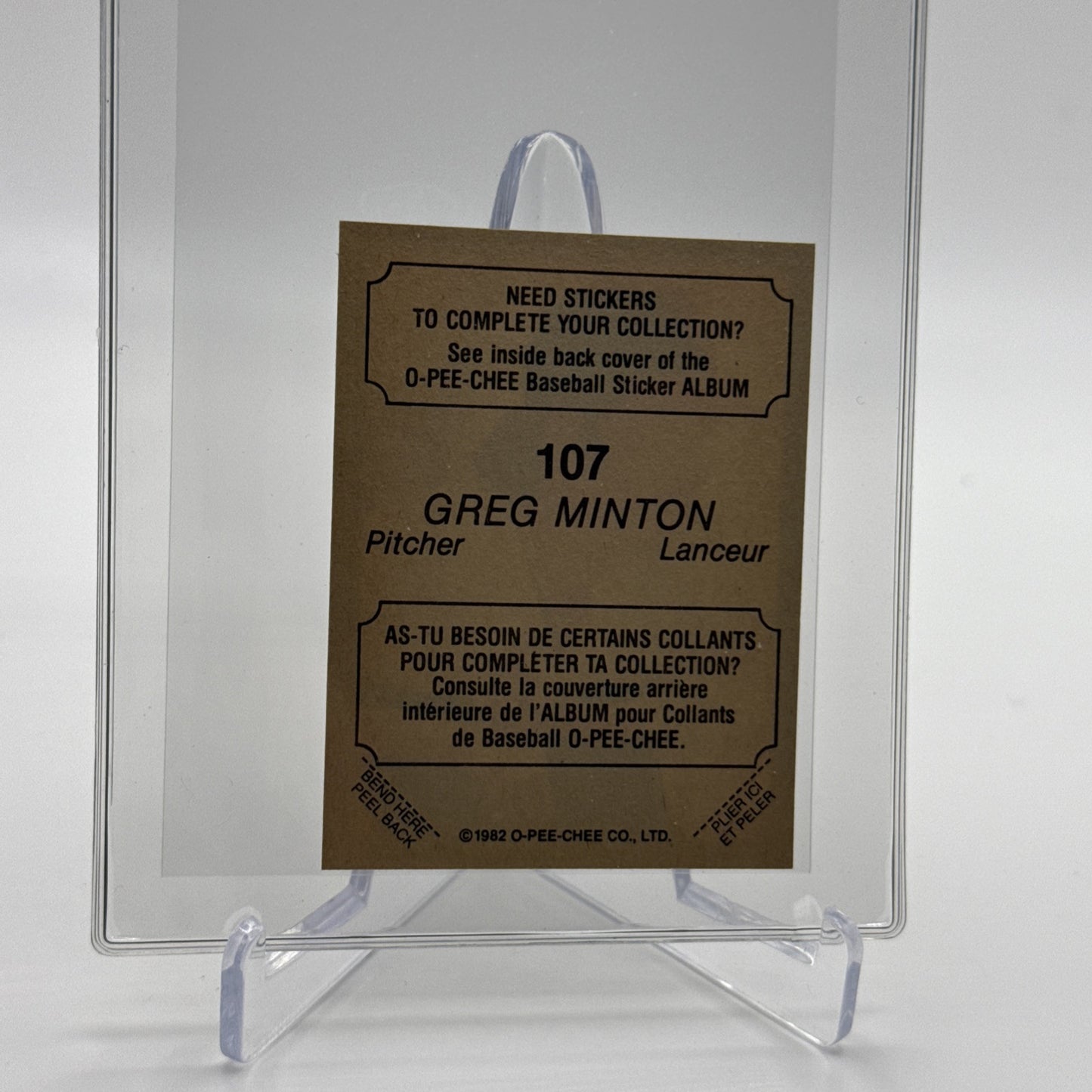 1982 O-Pee-Chee Stickers Greg Minton Baseball Card #107 NM-MT FREE SHIPPING