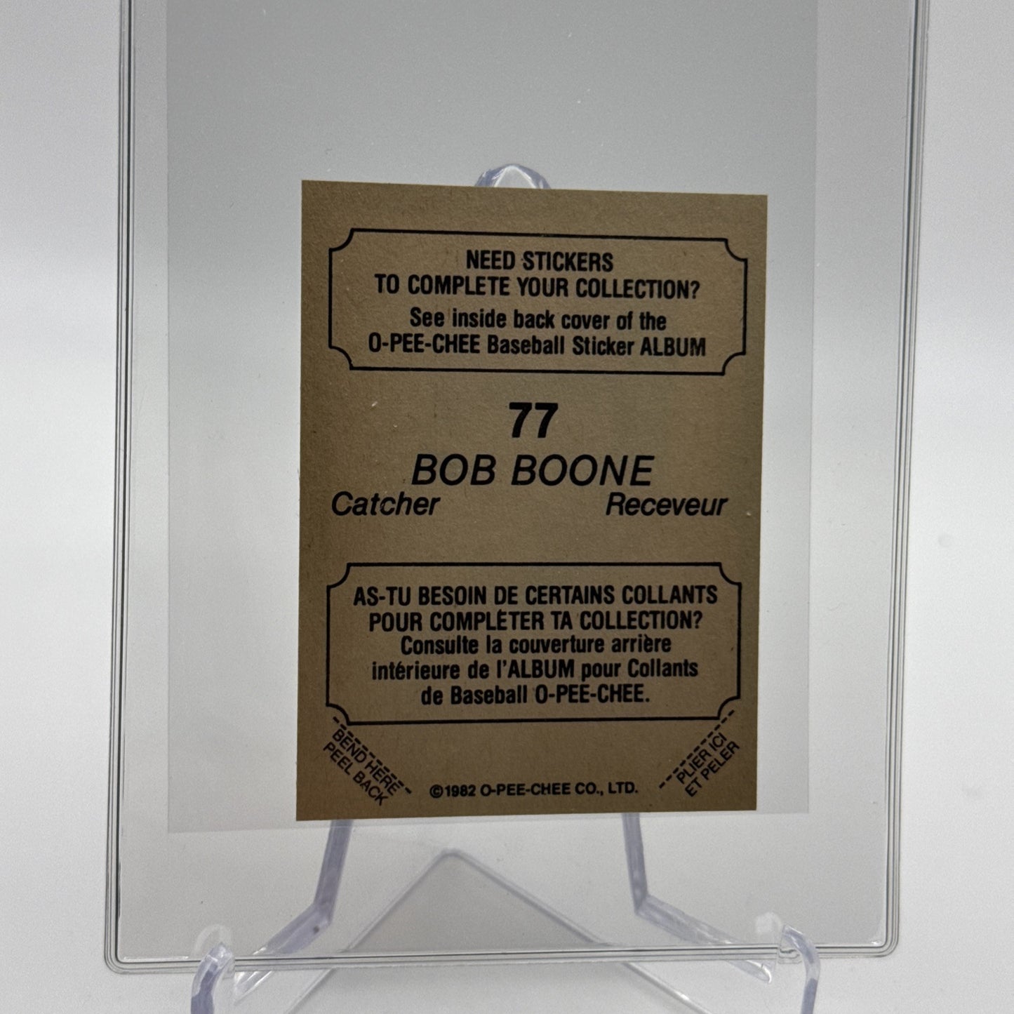 1982 O-Pee-Chee Stickers Bob Boone Baseball Card #77 NM-MT FREE SHIPPING